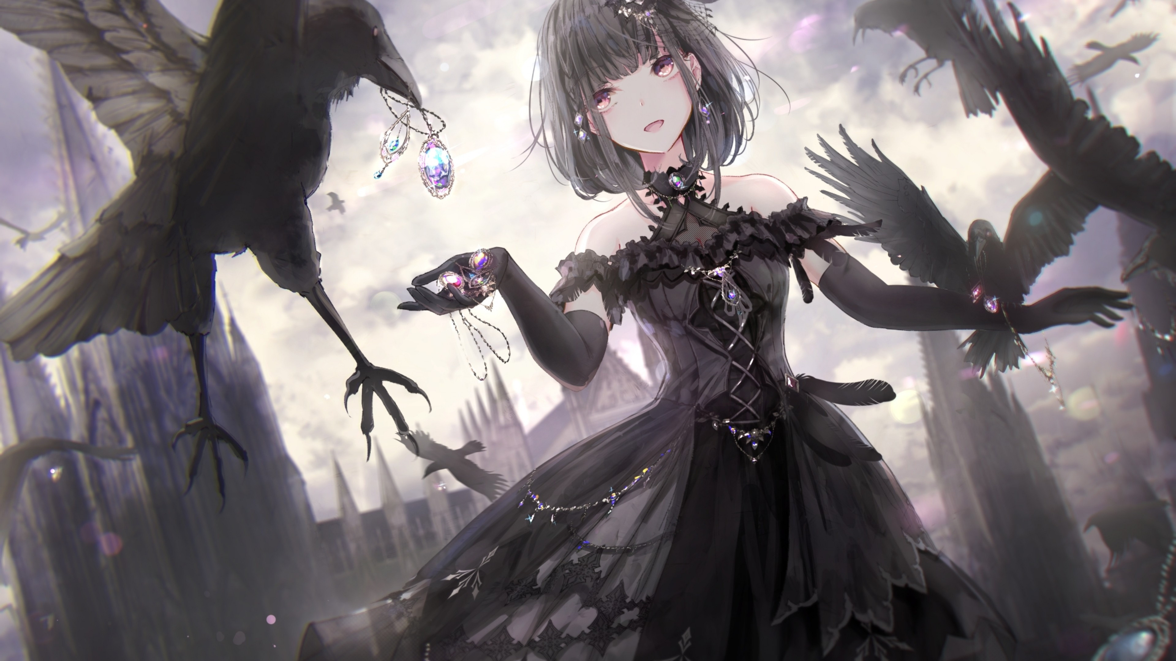 Gothic Anime: Darkness, Goth Lolita fashion, Jewelry, Dark fantasy theme, Girl with black ravens. 3840x2160 4K Background.