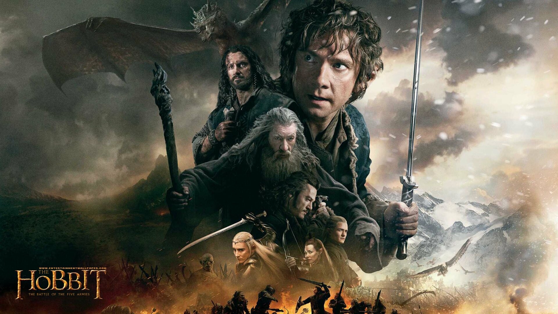 The Hobbit: The Battle of the Five Armies, The film's story concludes the adventure of Bilbo Baggins and Thorin Oakenshield's company of dwarves,. 1920x1080 Full HD Background.