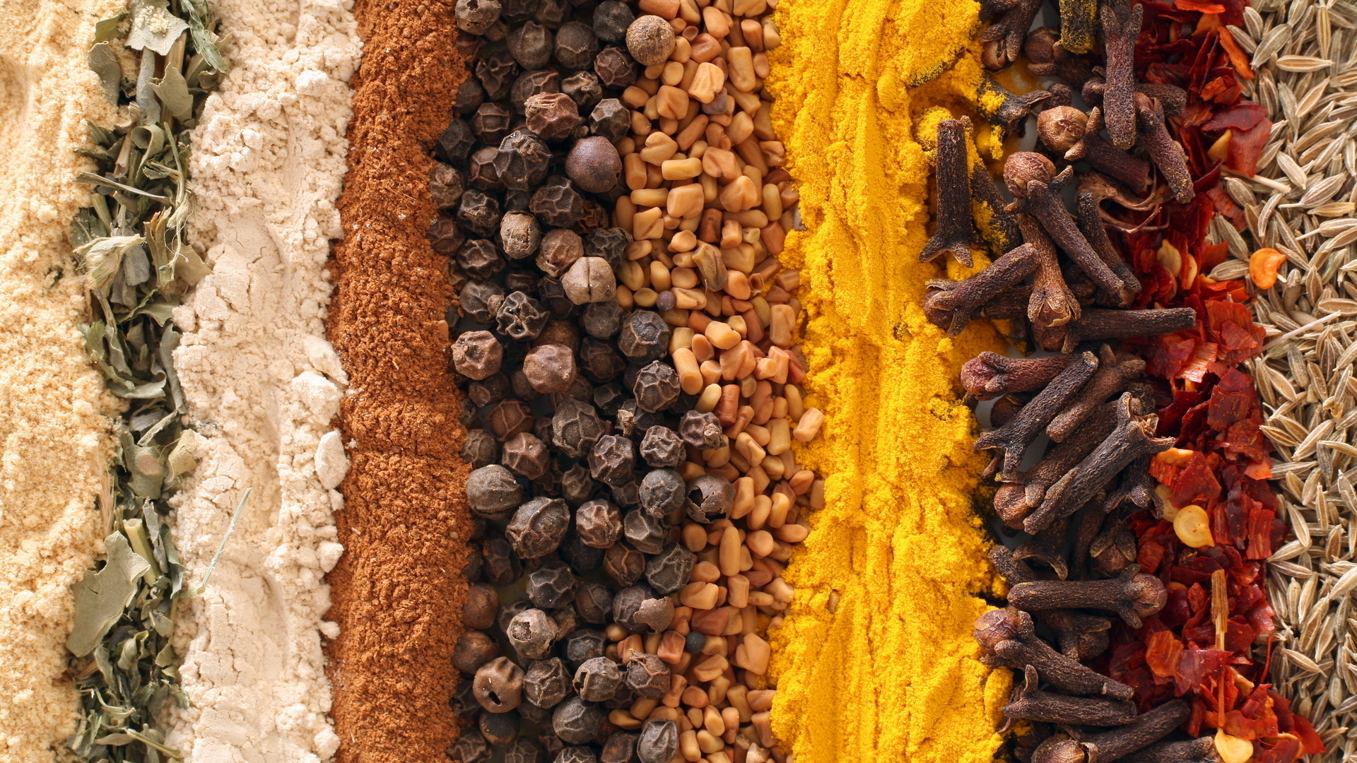 Spices: Substances enhancing the taste of food, augmenting its flavor and adding a new one. 1920x1080 Full HD Background.