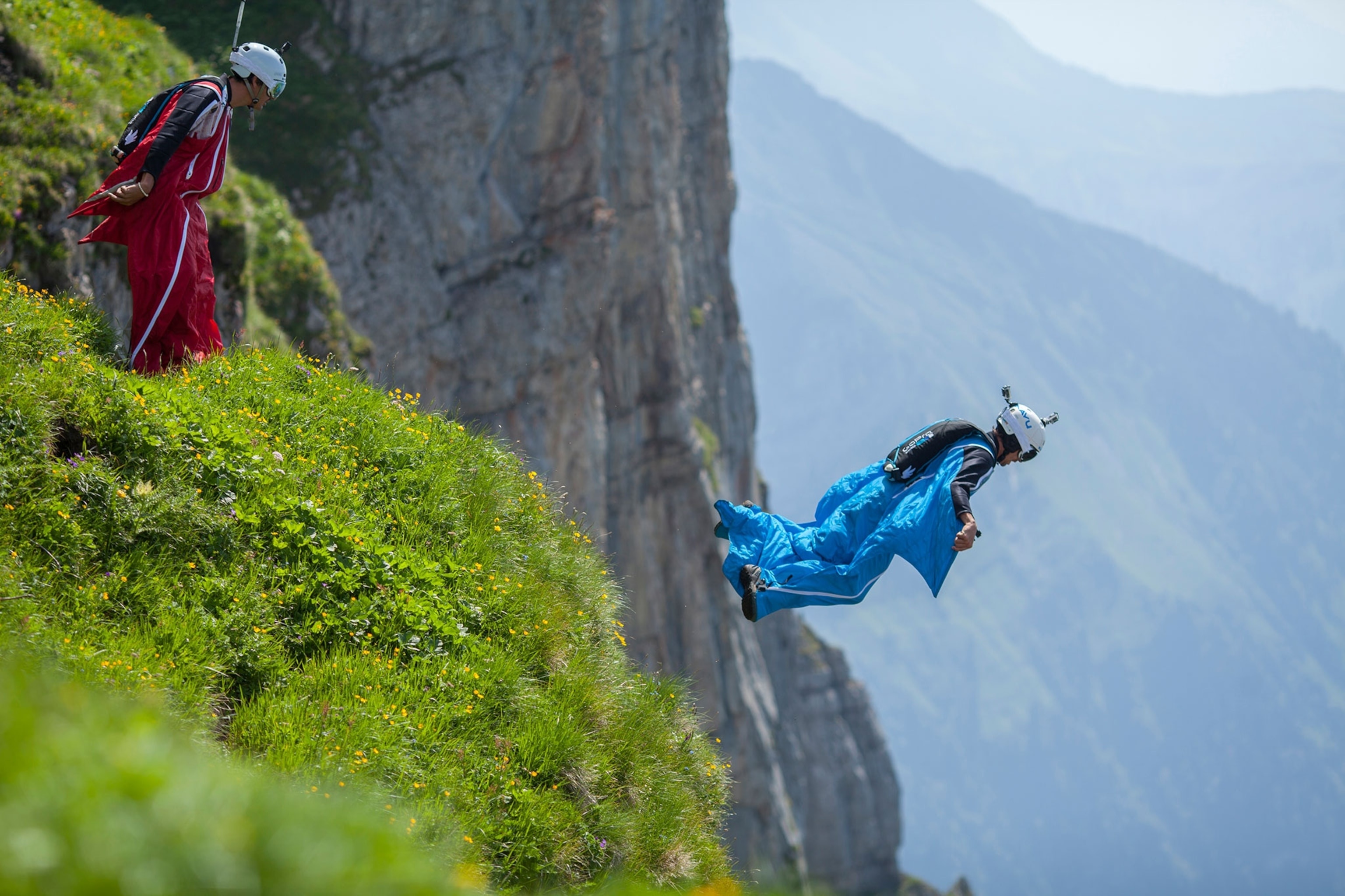BASE Jumping: Wingsuit BASE jumping, Freefall delay, One parachute only. 3080x2050 HD Background.