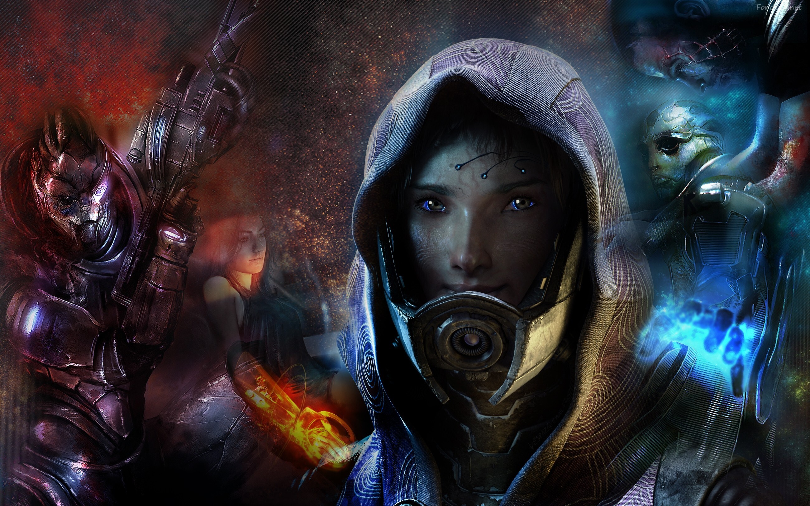 Garrus Vakarian: TaliZorah without a mask, Thane Krios, Miranda Lawson, Commander Shepard, Mass Effect characters. 2600x1630 HD Background.