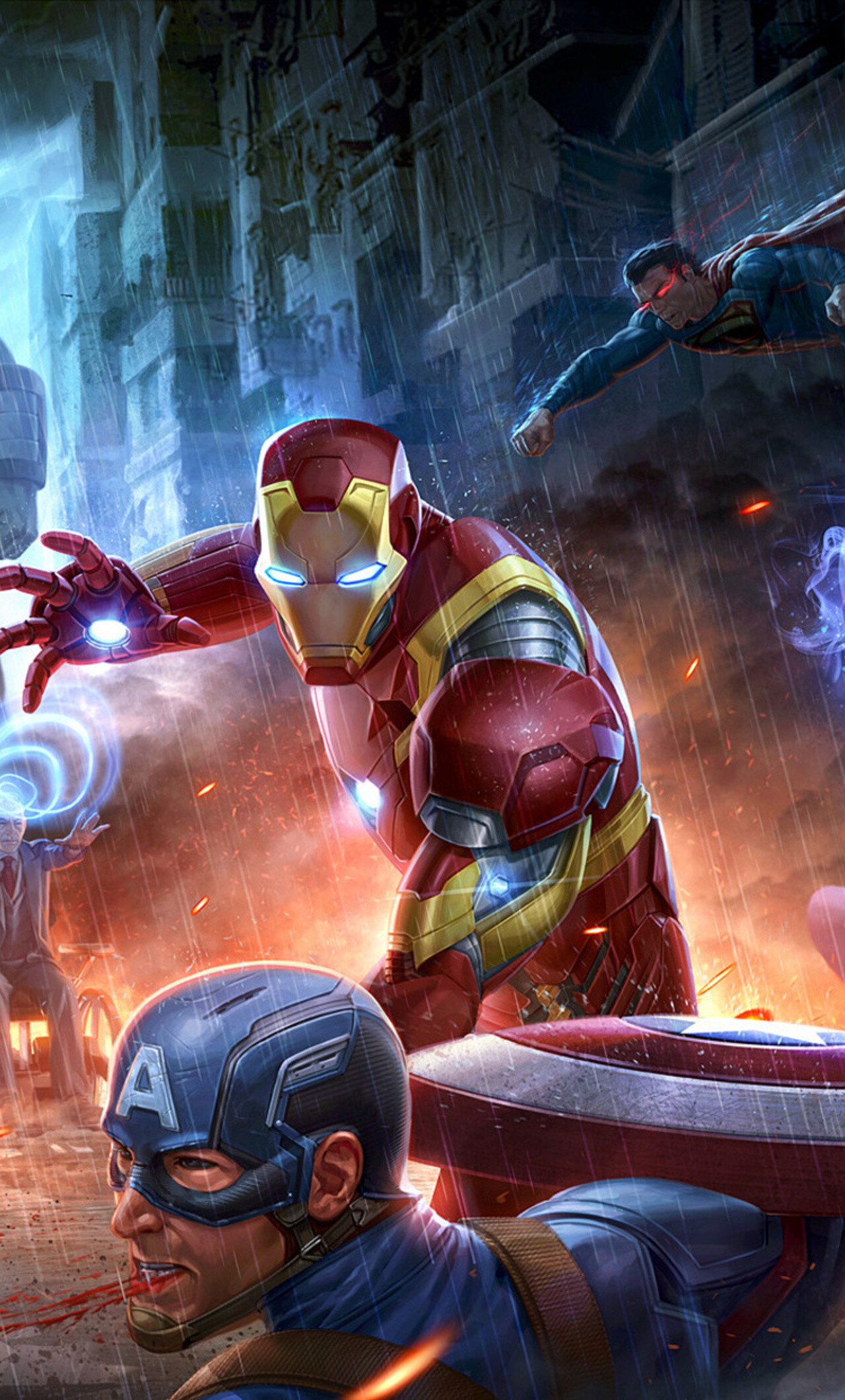 DC vs. Marvel: Justice League and The Avengers, Superman, Captain America, Iron Man. 1280x2120 HD Wallpaper.