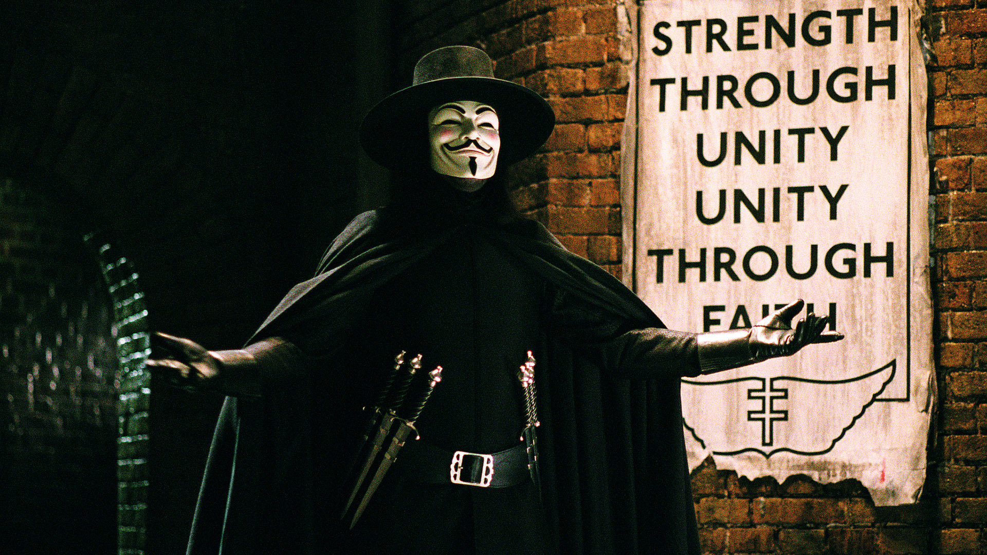 V for Vendetta: A man in a Guy Fawkes mask who uses terrorist tactics to fight the oppressive society they live in. 1920x1080 Full HD Background.