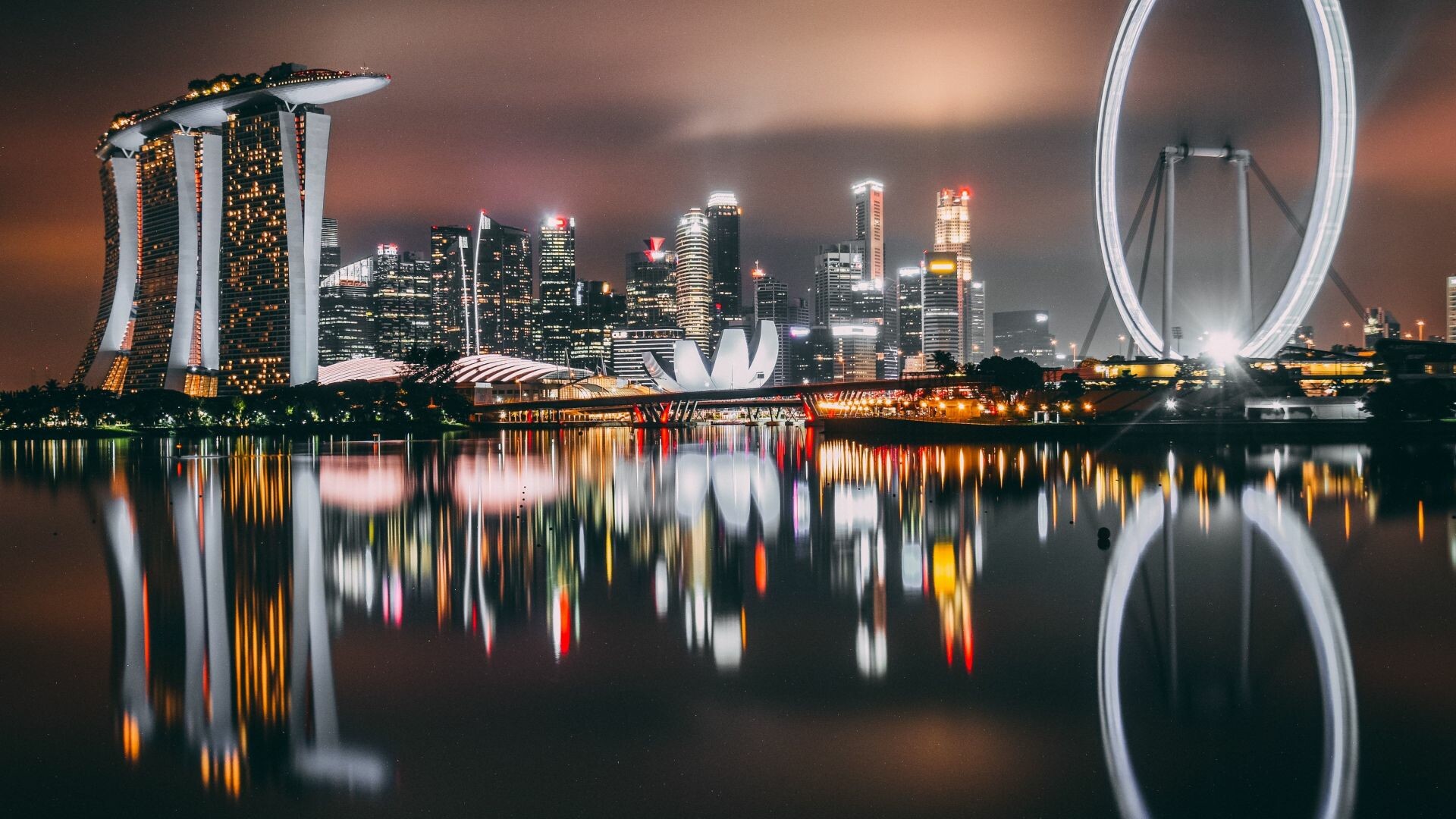 Singapore city skyscrapers, Night city lights, Reflections wallpaper, HD image, 1920x1080 Full HD Desktop