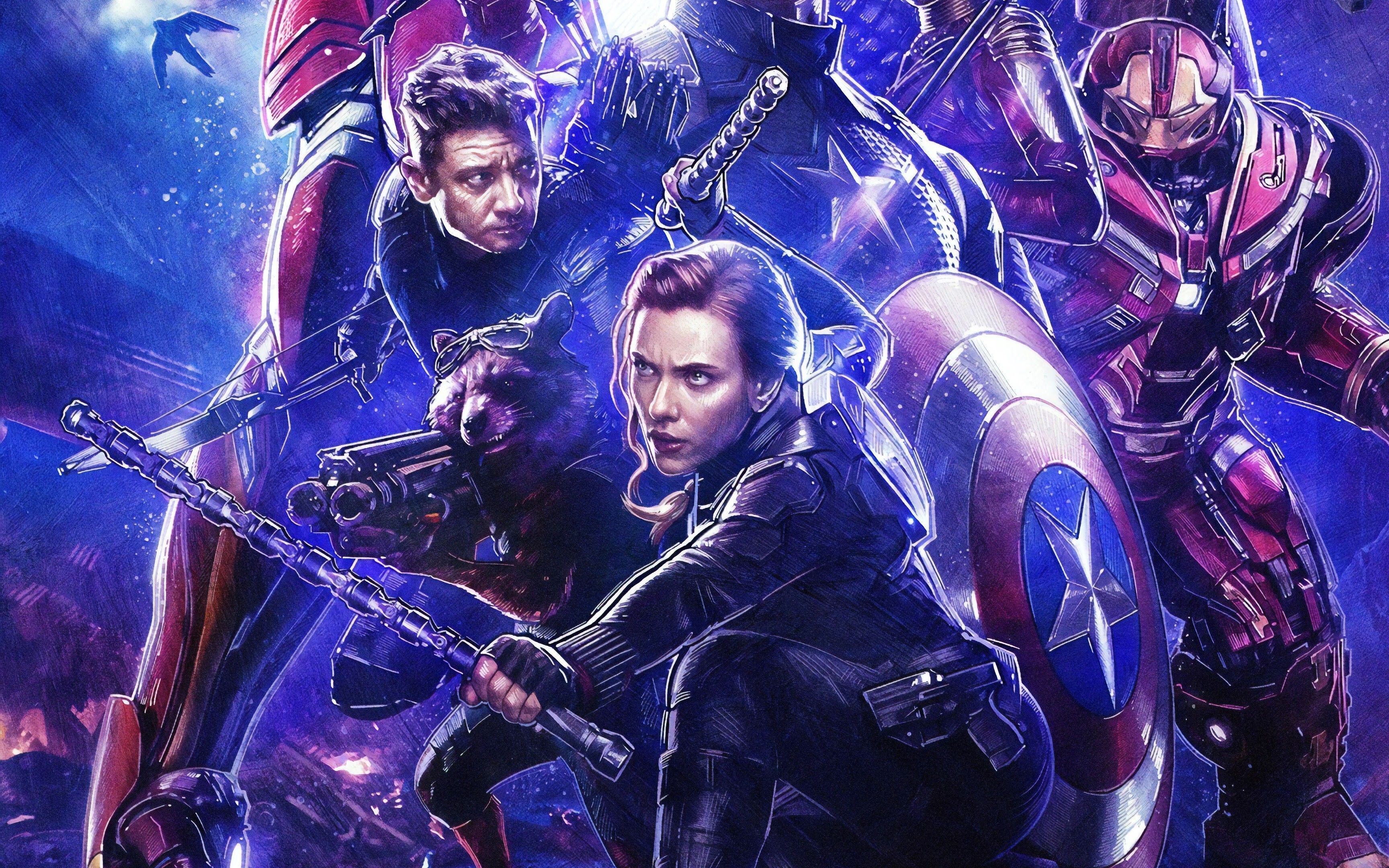 Avengers: Endgame, Black Widow, Rocket Raccoon, Hawkeye. 3460x2160 HD Wallpaper.
