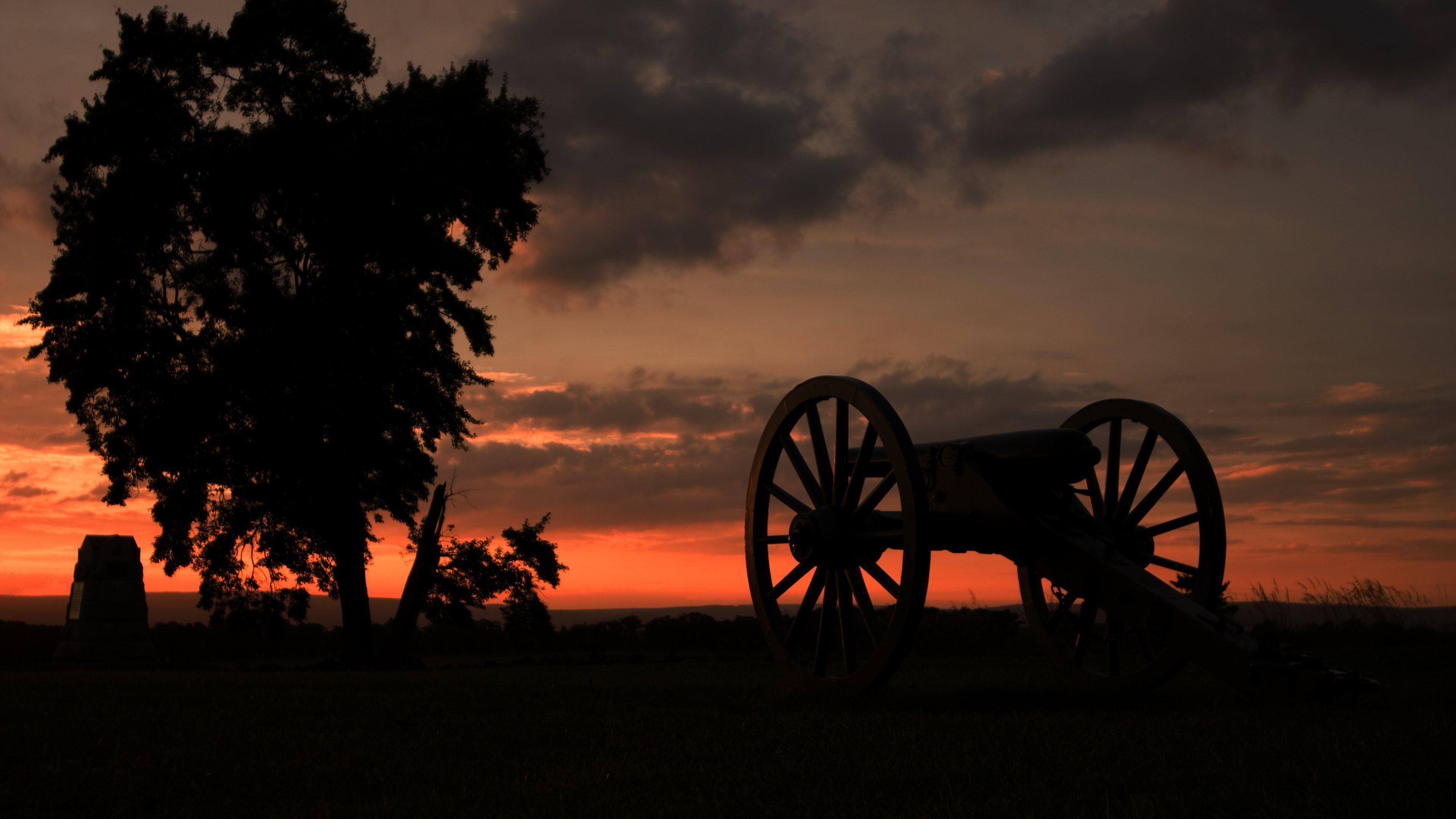 Gettysburg: An American Civil War cannon, Battlefield in the US state of Pennsylvania, Army of the Potomac. 3840x2160 4K Background.