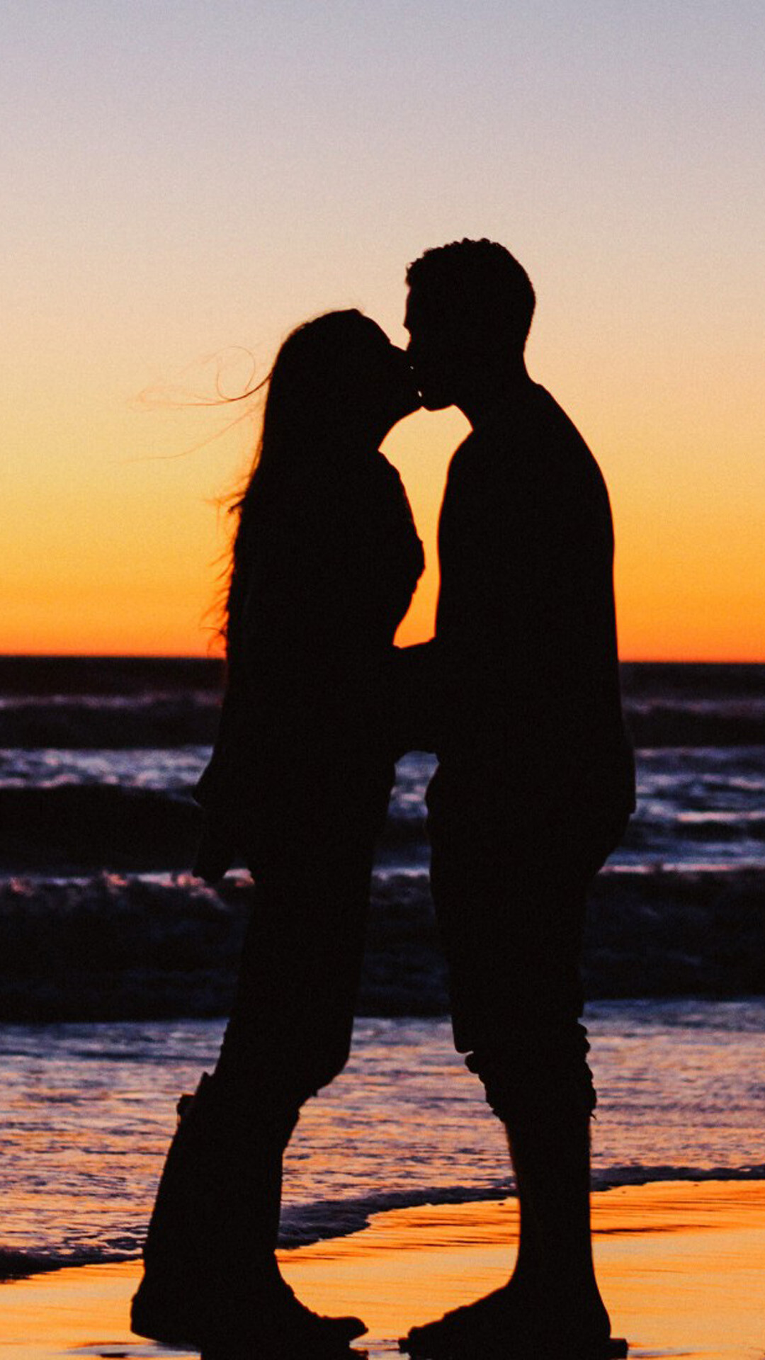 Kiss: Couple, Lovers kissing at the beach, Sunset. 1080x1920 Full HD Wallpaper.