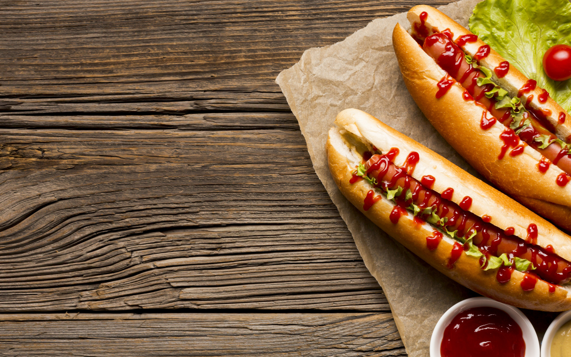 Hot dog with sauces, Tantalizing toppings, Savory sausage, Wooden backdrop, 1920x1200 HD Desktop