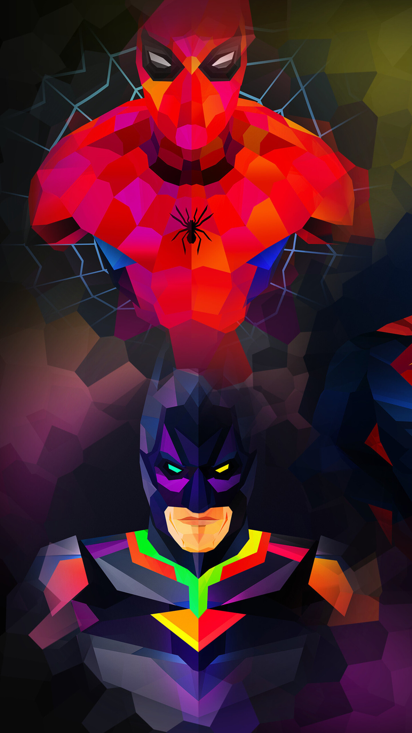 DC vs. Marvel: Low Poly Art, Batman/Bruce Wayne, Spider-Man/Peter Parker. 1440x2560 HD Background.