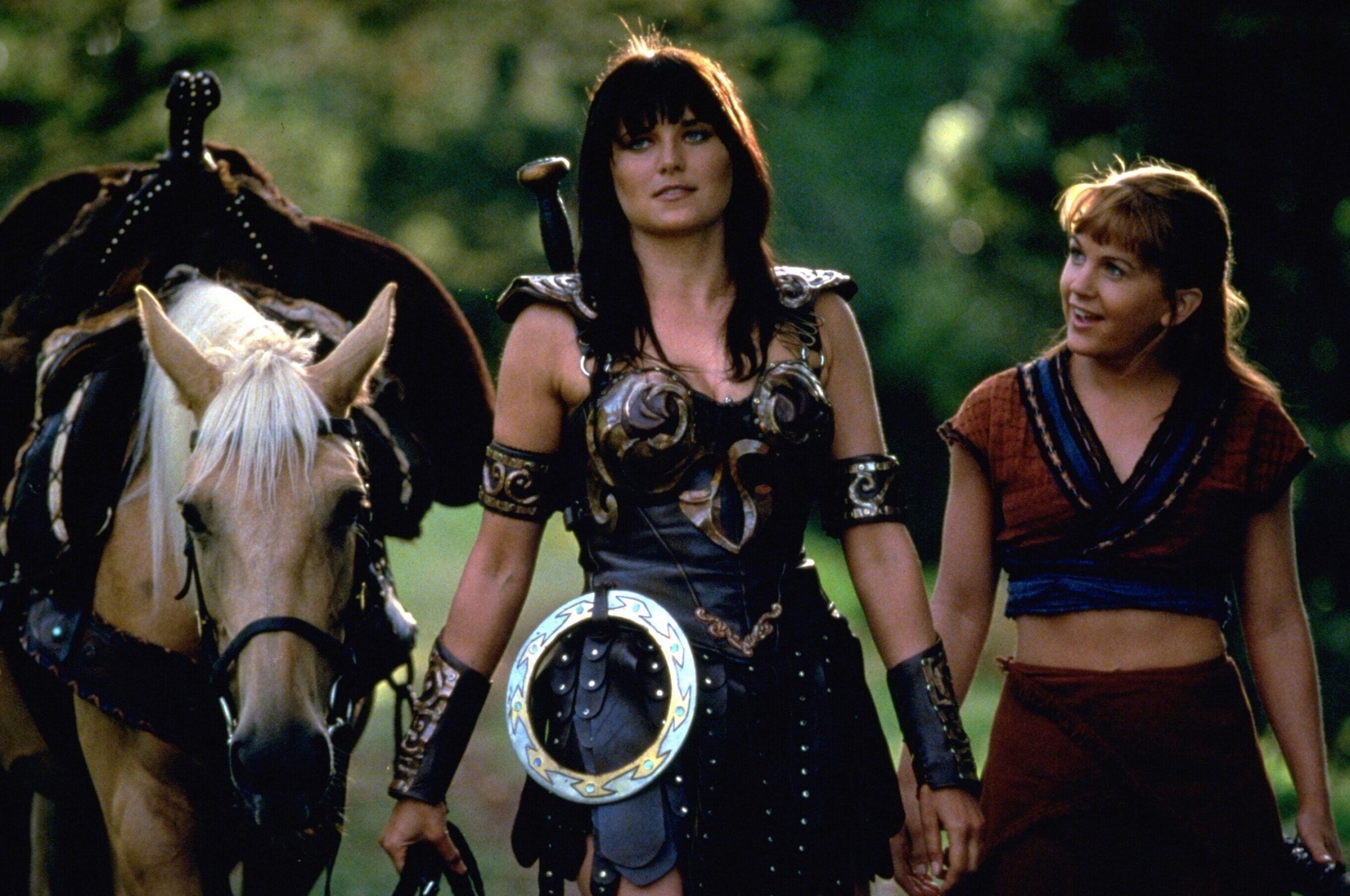 Xena: Warrior Princess (TV Series): Lucy Lawless, Renee O'Connor as Gabrielle, Produced by Raimi Productions. 3000x2000 HD Background.