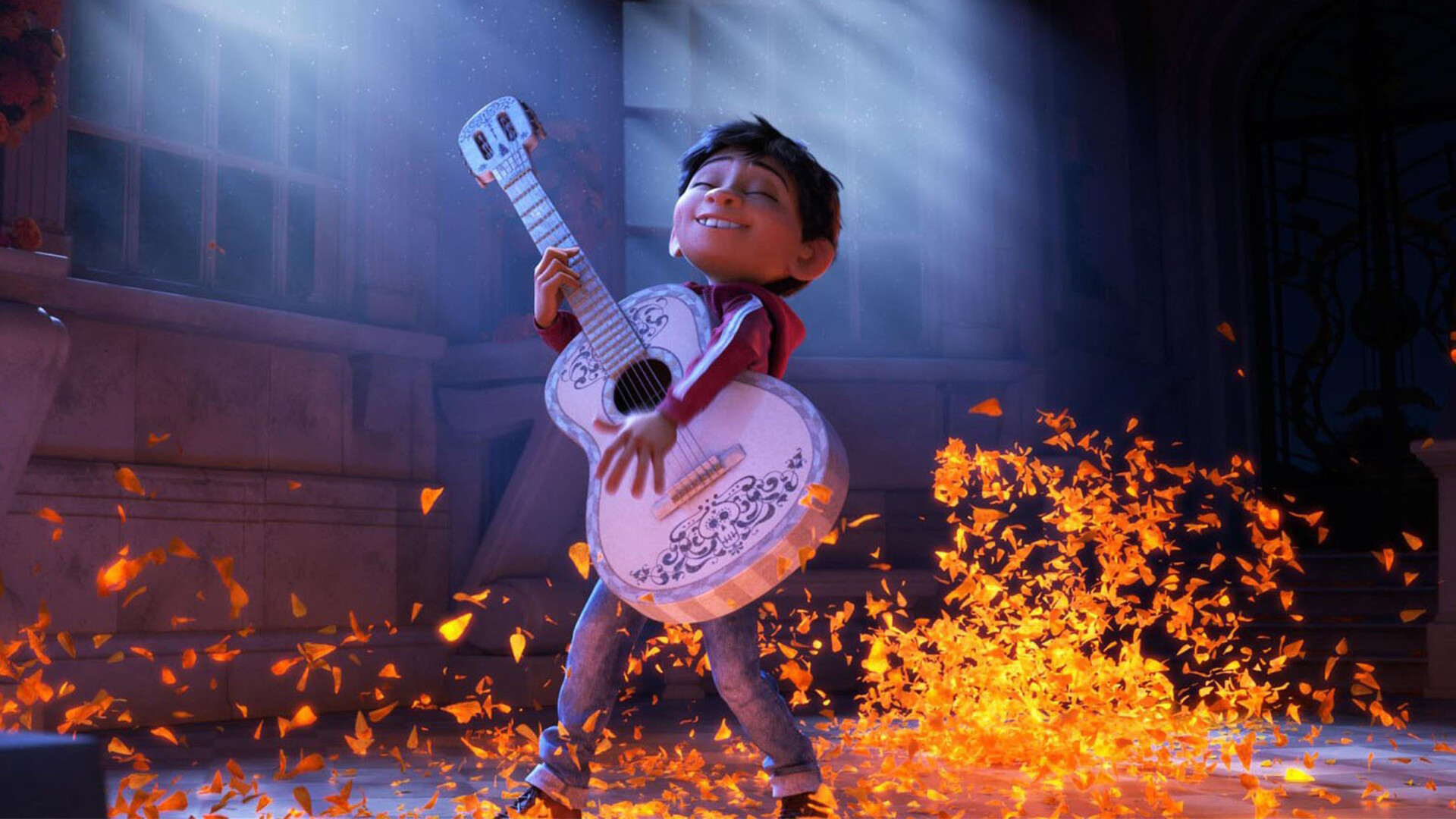 Coco (Cartoon): Aspiring to be like his idol, the celebrated Ernesto de la Cruz, Miguel attempts to “borrow” the deceased star’s guitar to play in a village talent contest. 1920x1080 Full HD Background.