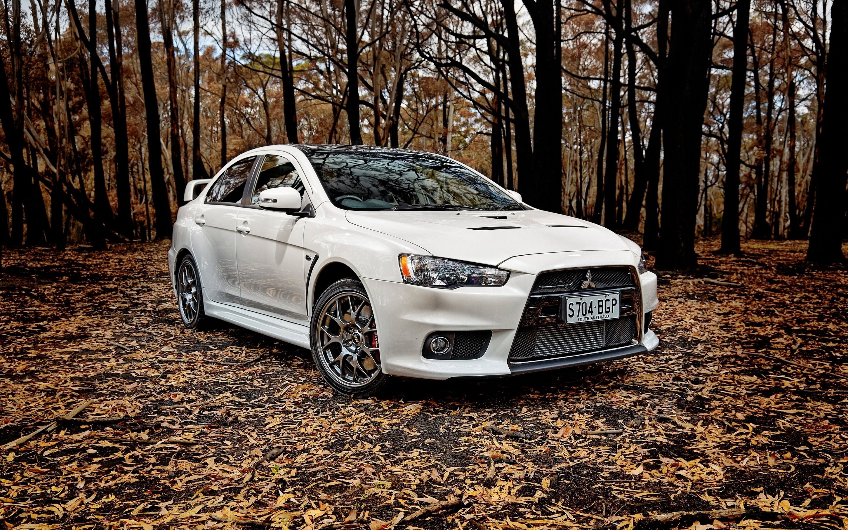 Mitsubishi Lancer Evo, Tuned forest white Lancer, Autumn scenery, High quality, 2880x1800 HD Desktop