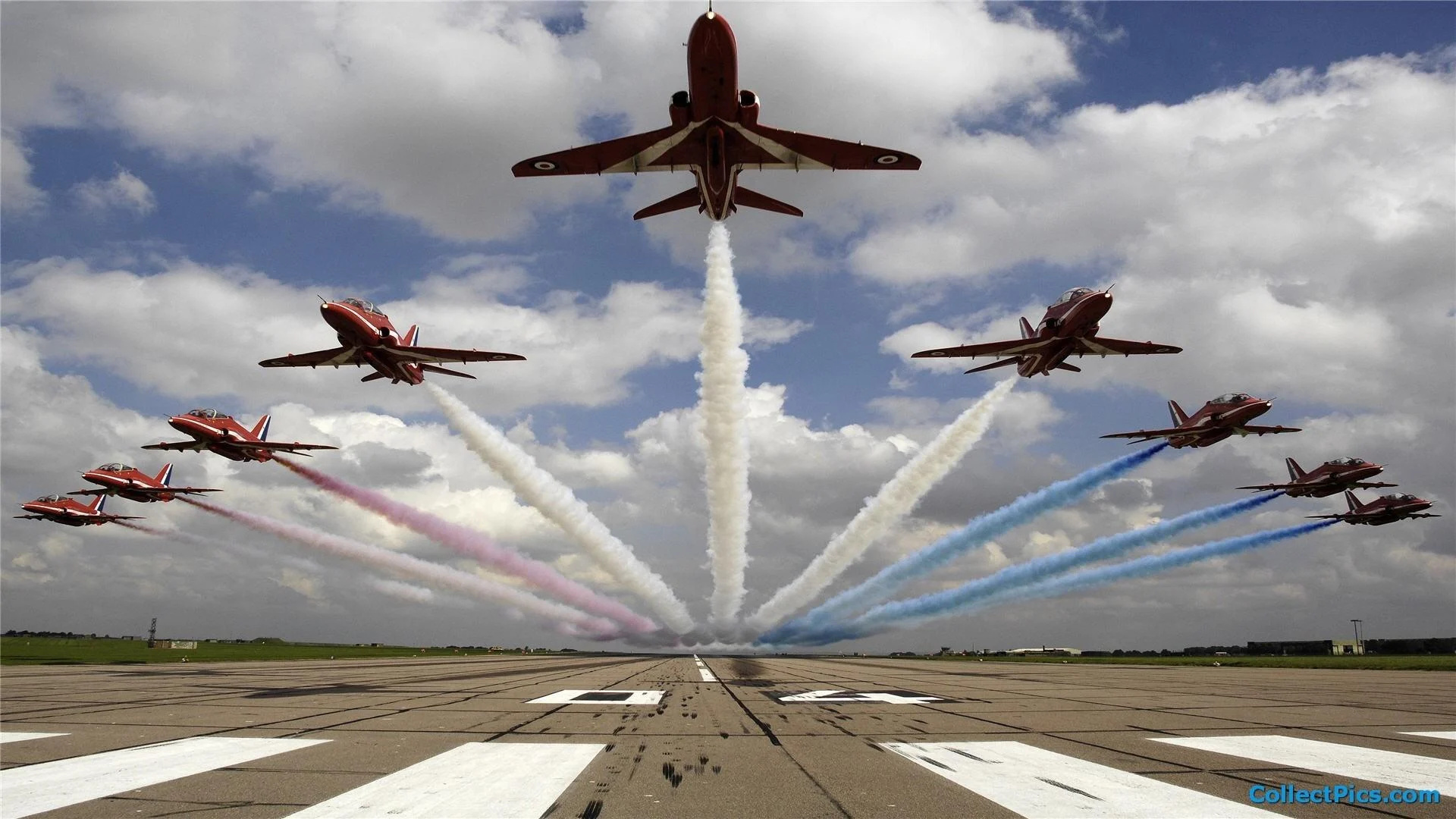 Aerobatics: The Red Arrows - the Royal Air Force Aerobatic Team, Drawing in the air. 1920x1080 Full HD Wallpaper.