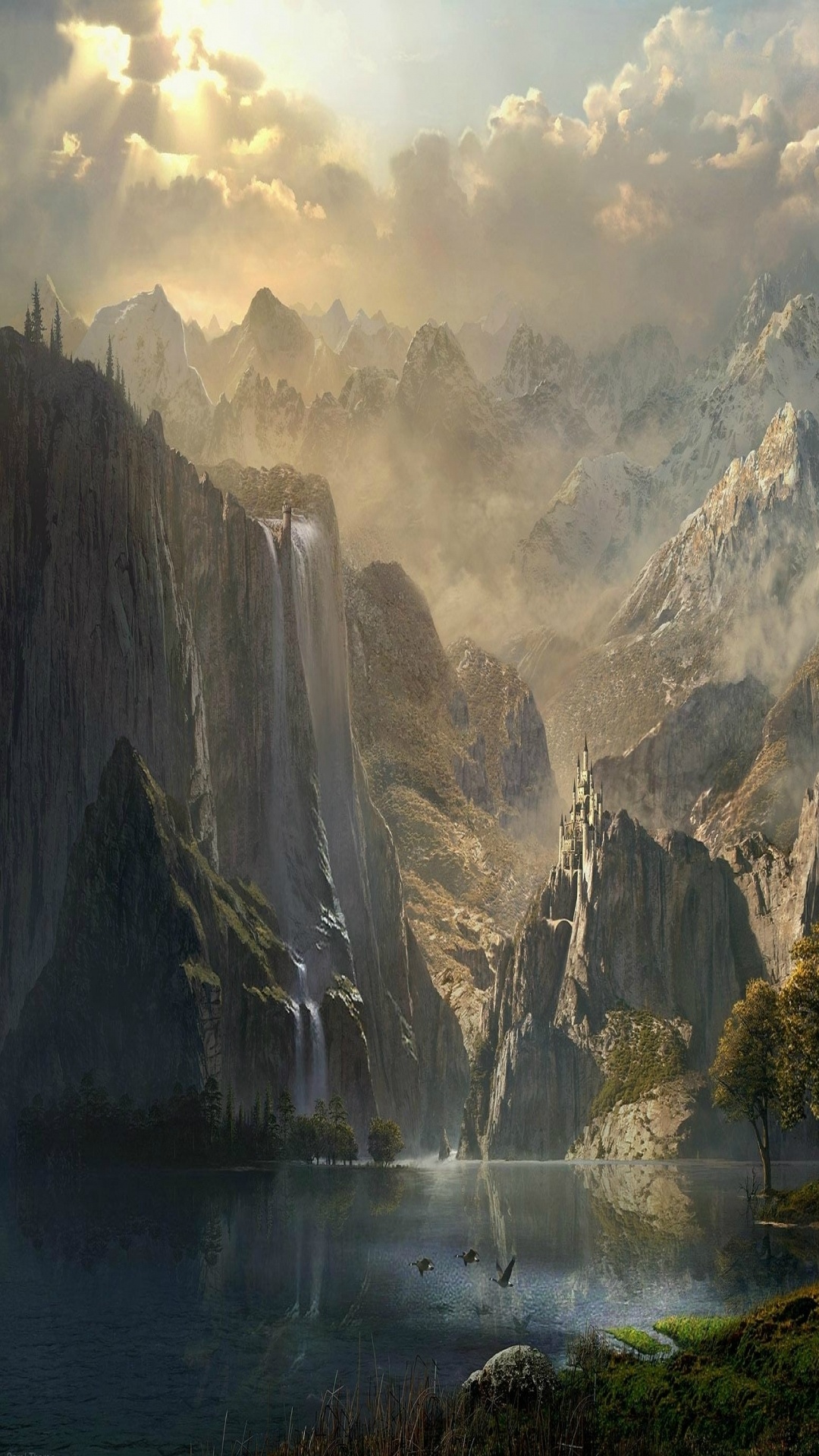Landscape: The fan art of fantastic rocky mountains, a large castle on the rock and an amazing waterfall. 1080x1920 Full HD Background.