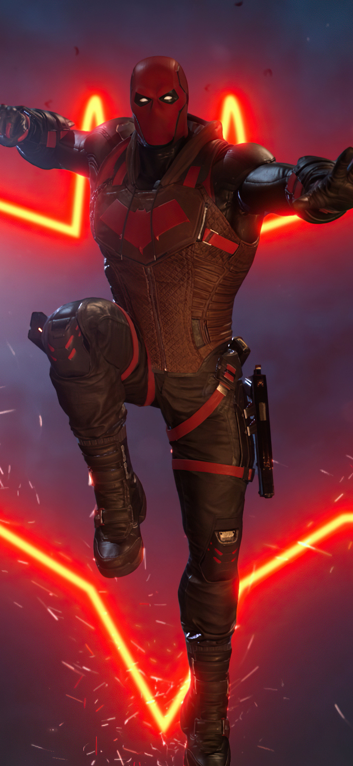 Gotham Knights (Game): Red Hood, Embraced Batman’s non-lethal combat methods. 1130x2440 HD Background.
