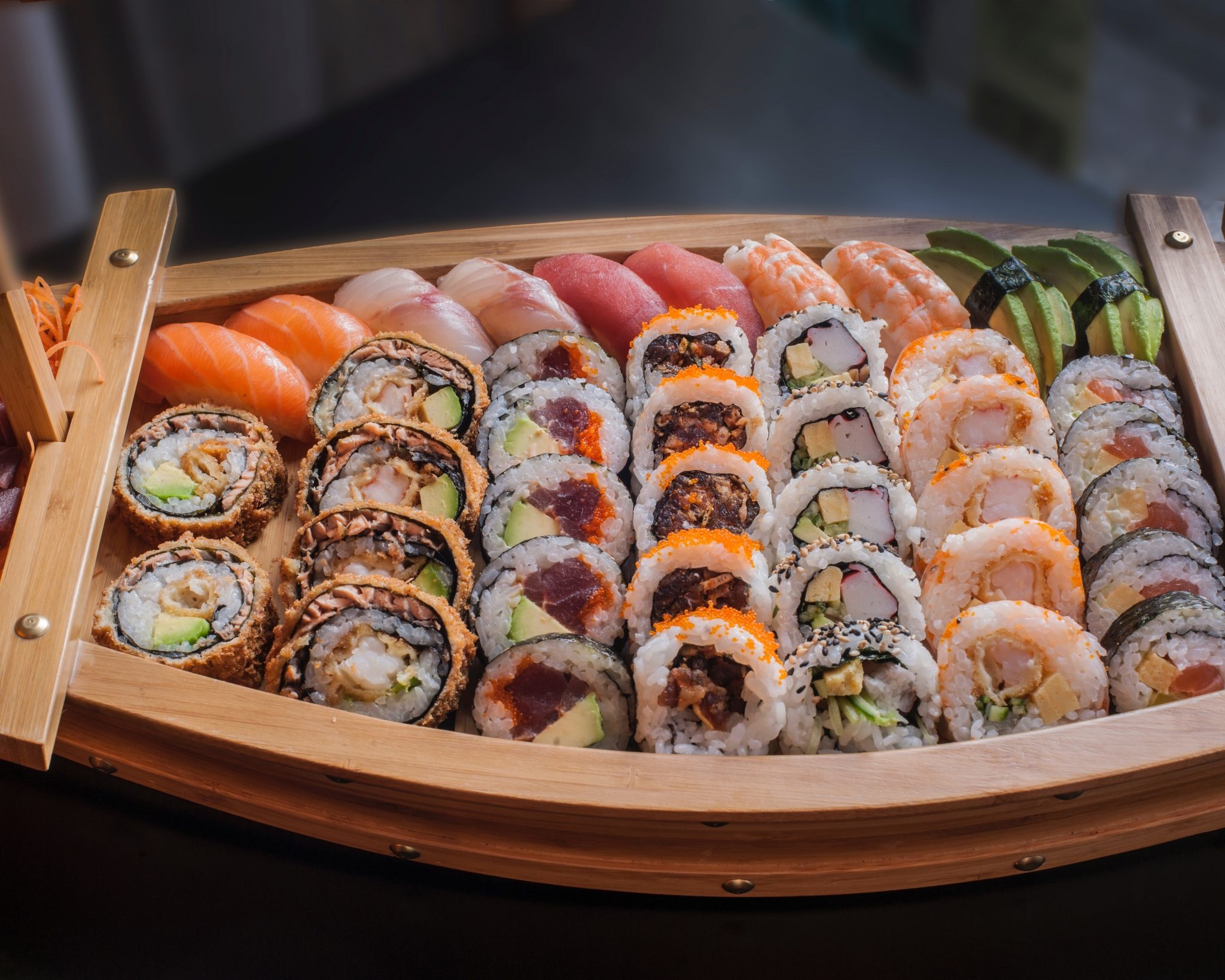 Sushi: Gimbap, a Korean seaweed rice roll filled with a variety of delicious fillings. 2050x1640 HD Background.