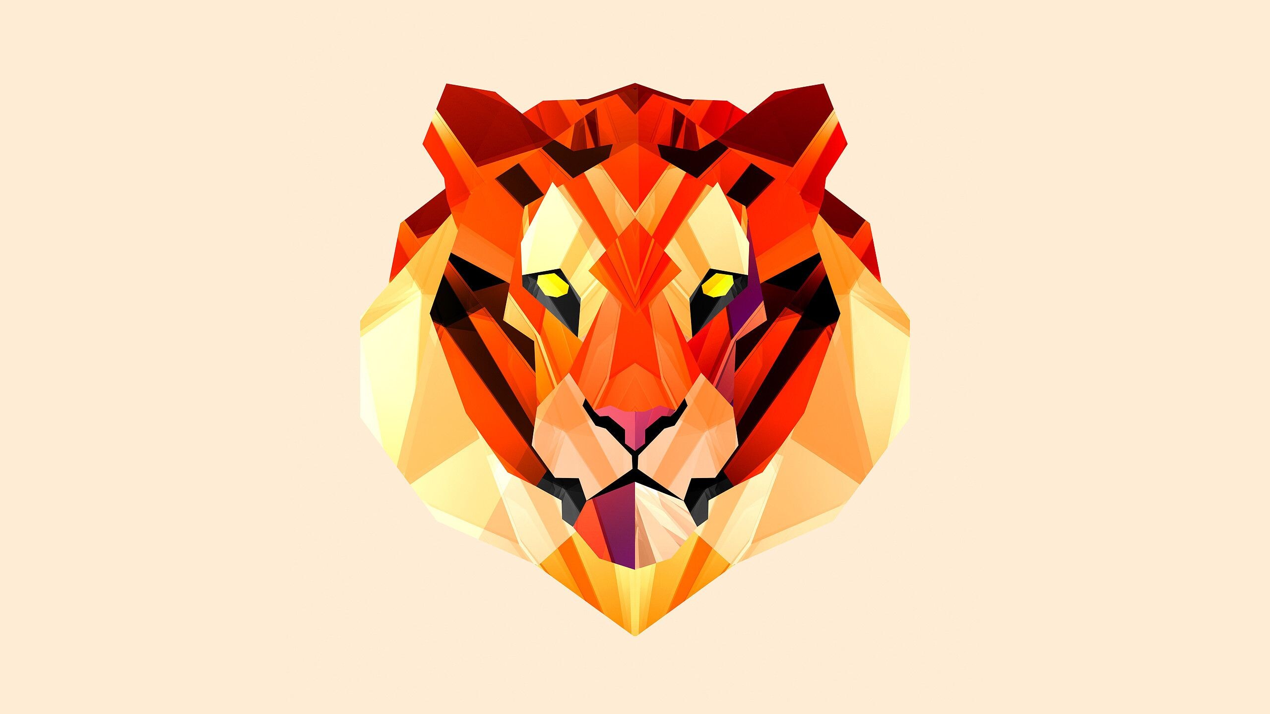 Geometric Animal: Minimalistic tiger head, Vector drawing, An abstract art, Triangles. 2560x1440 HD Background.