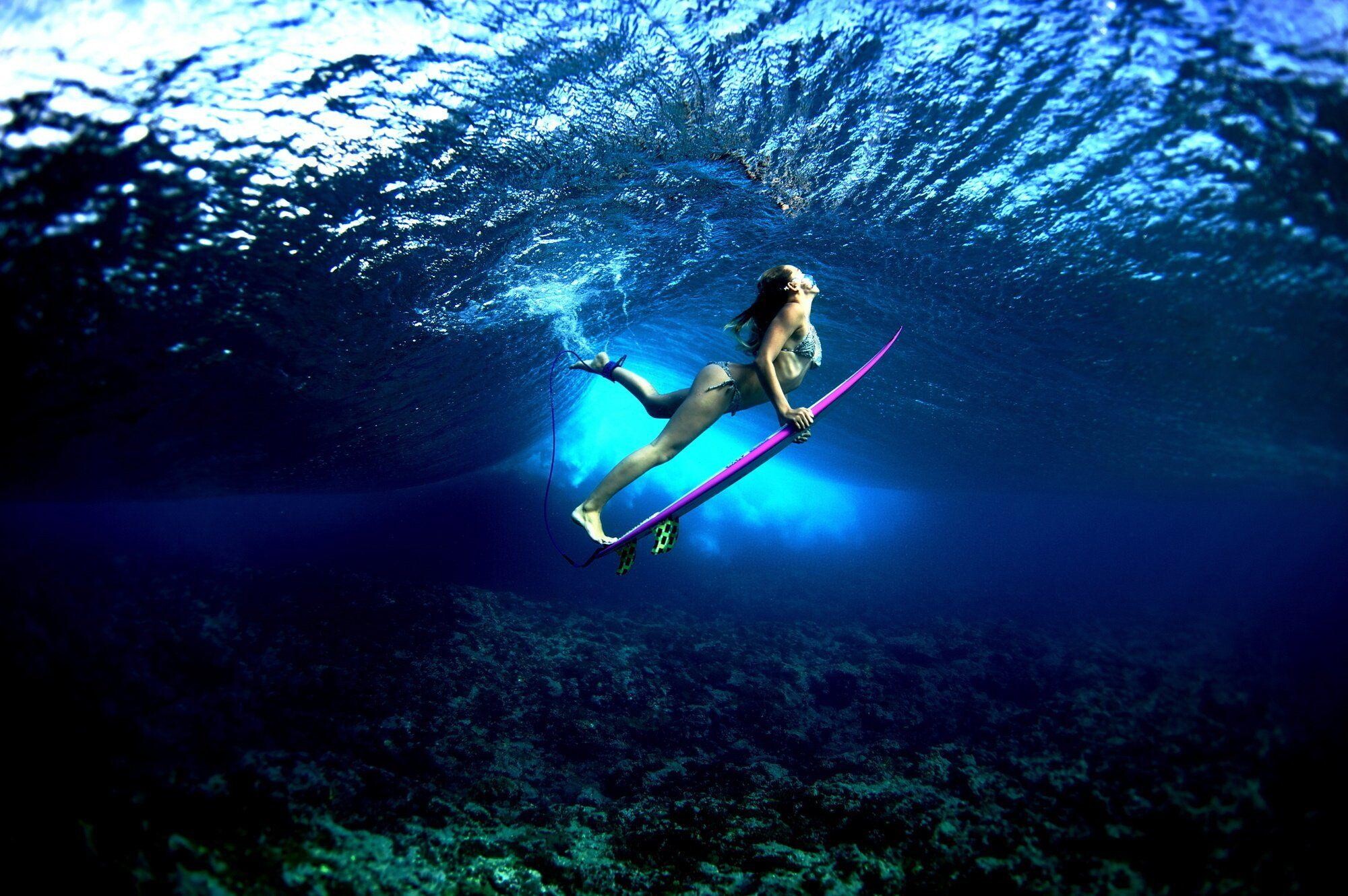 Girl Surfing: Underwater extreme sport, Tow-in cross-over water sports discipline. 2000x1340 HD Wallpaper.