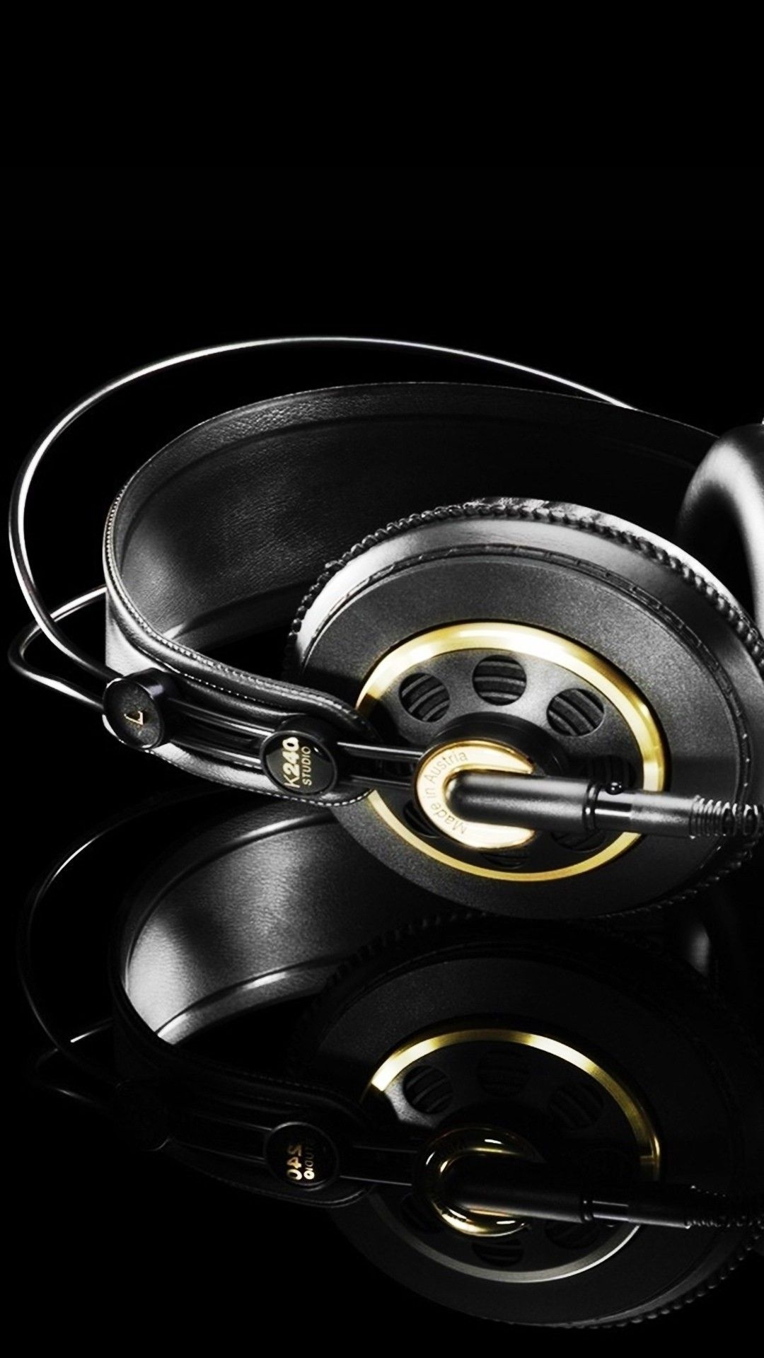 Headphones, black with gold, studio headphones, music, 1080x1920 Full HD Phone