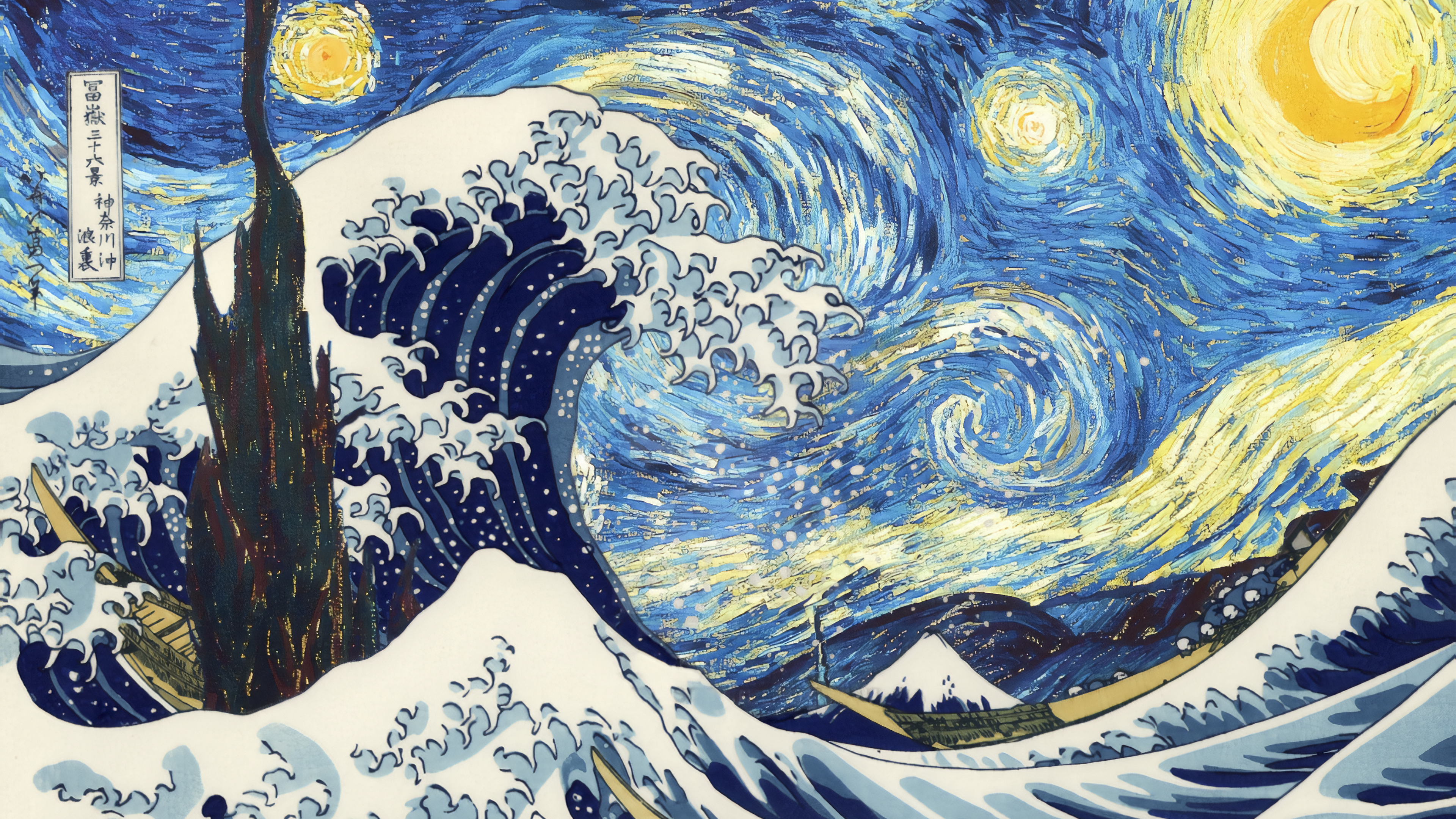Great Wave of Kanagawa, Starry night, 3840x2160 4K Desktop