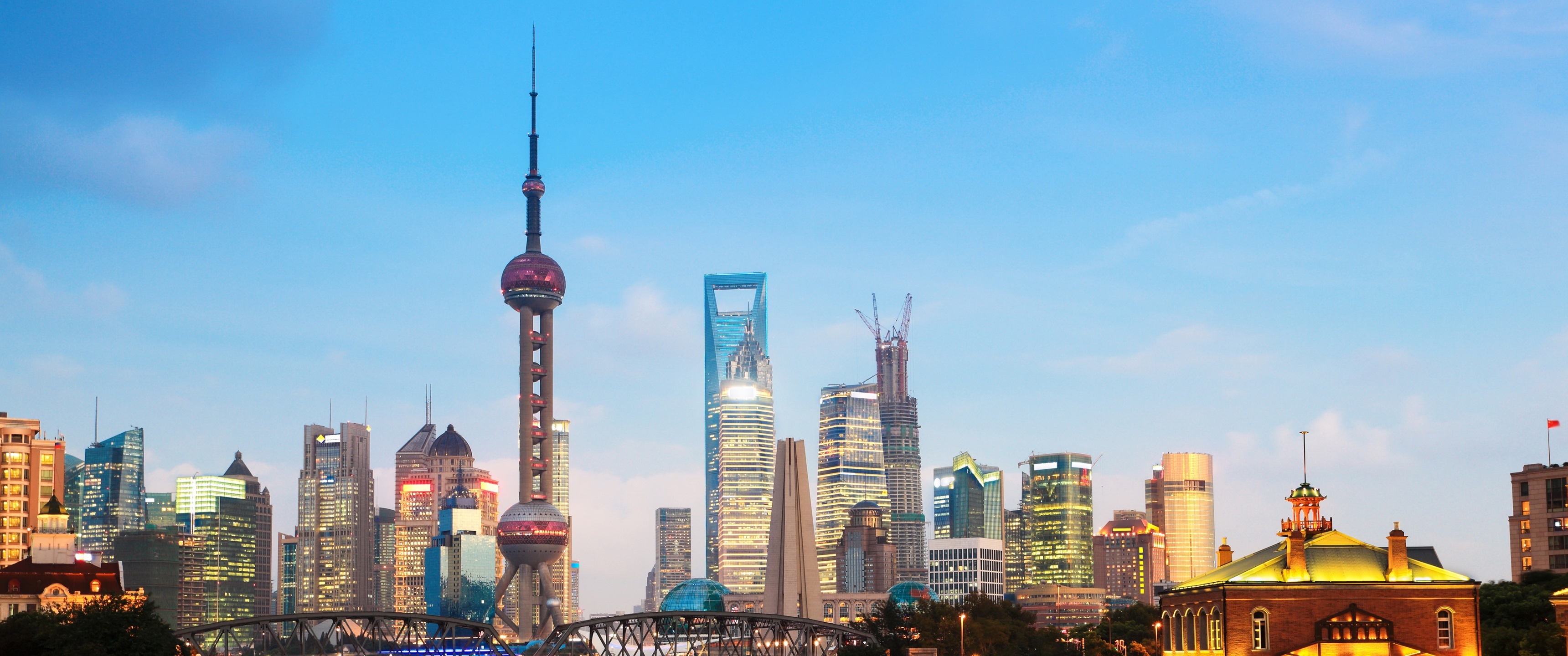 Waibaidu bridge, Oriental Pearl Tower, Shanghai, China world, 3440x1440 Dual Screen Desktop