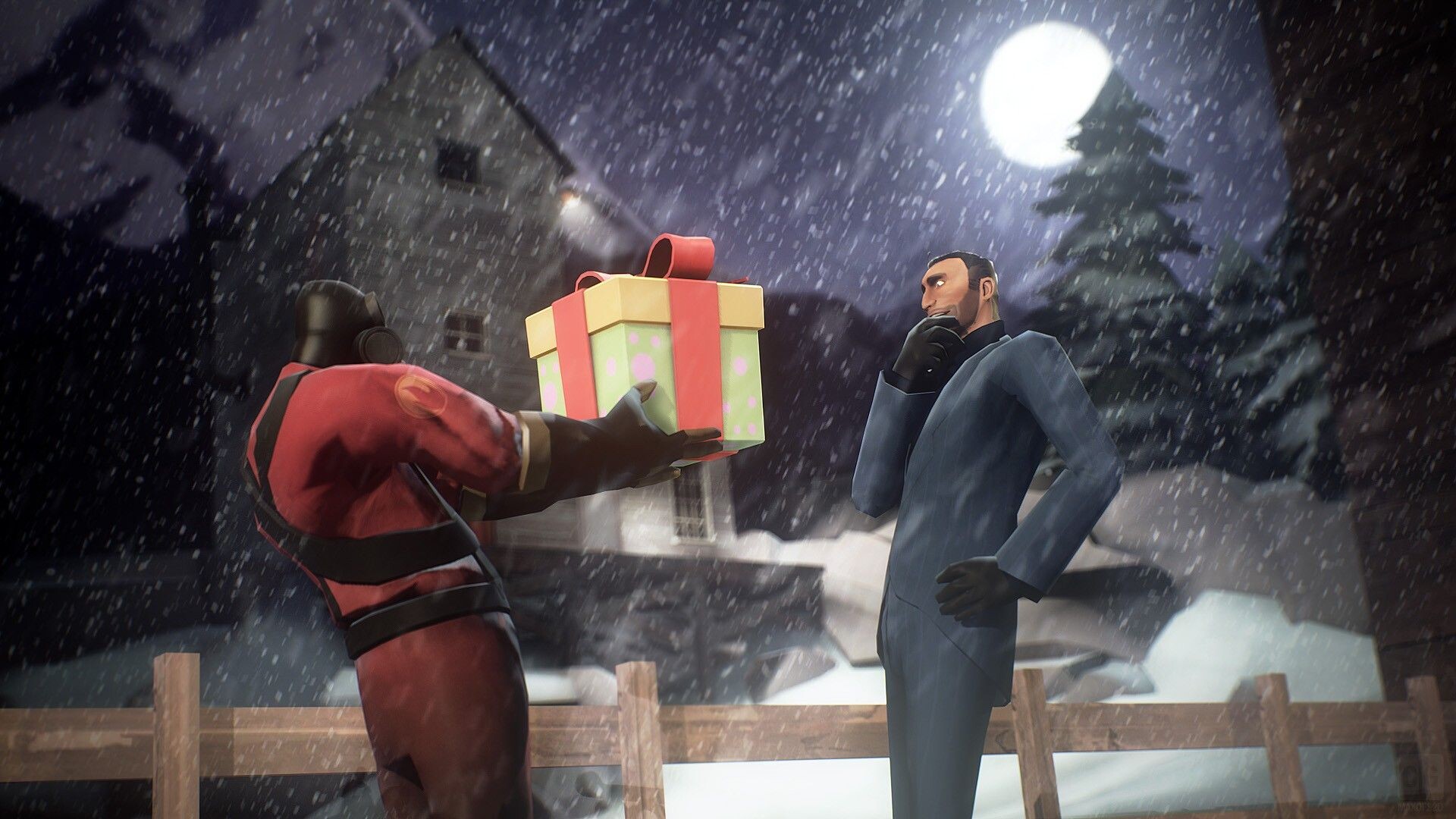 Garry's Mod: Pyro gives a Christmas present to the Spy, Fan made content based on Team Fortress 2 video game. 1920x1080 Full HD Wallpaper.