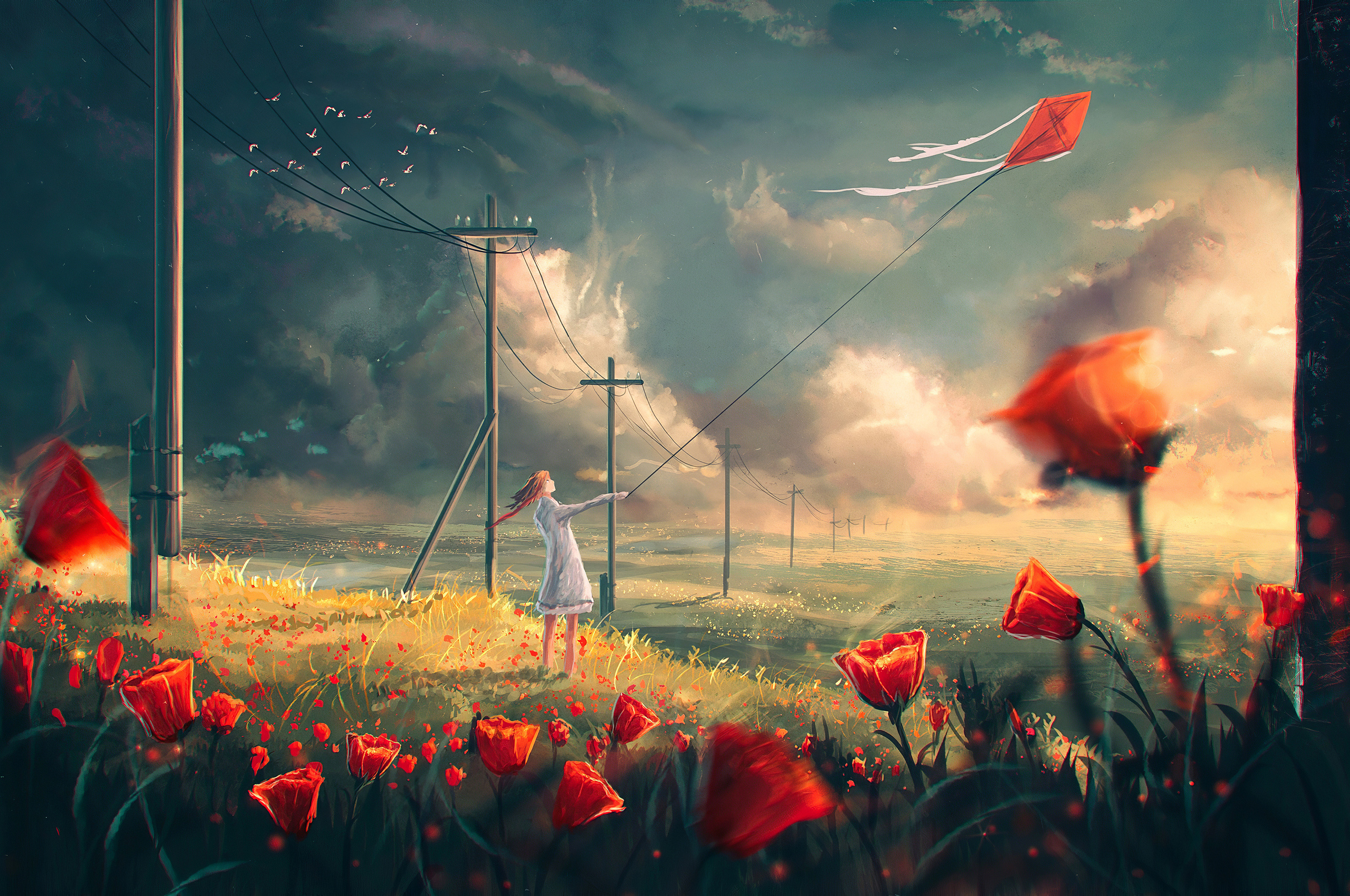 Kite Flying: Art, Pencil drawing, The kite rising, Flowers, Poppies, Soaring through the air. 2560x1700 HD Wallpaper.