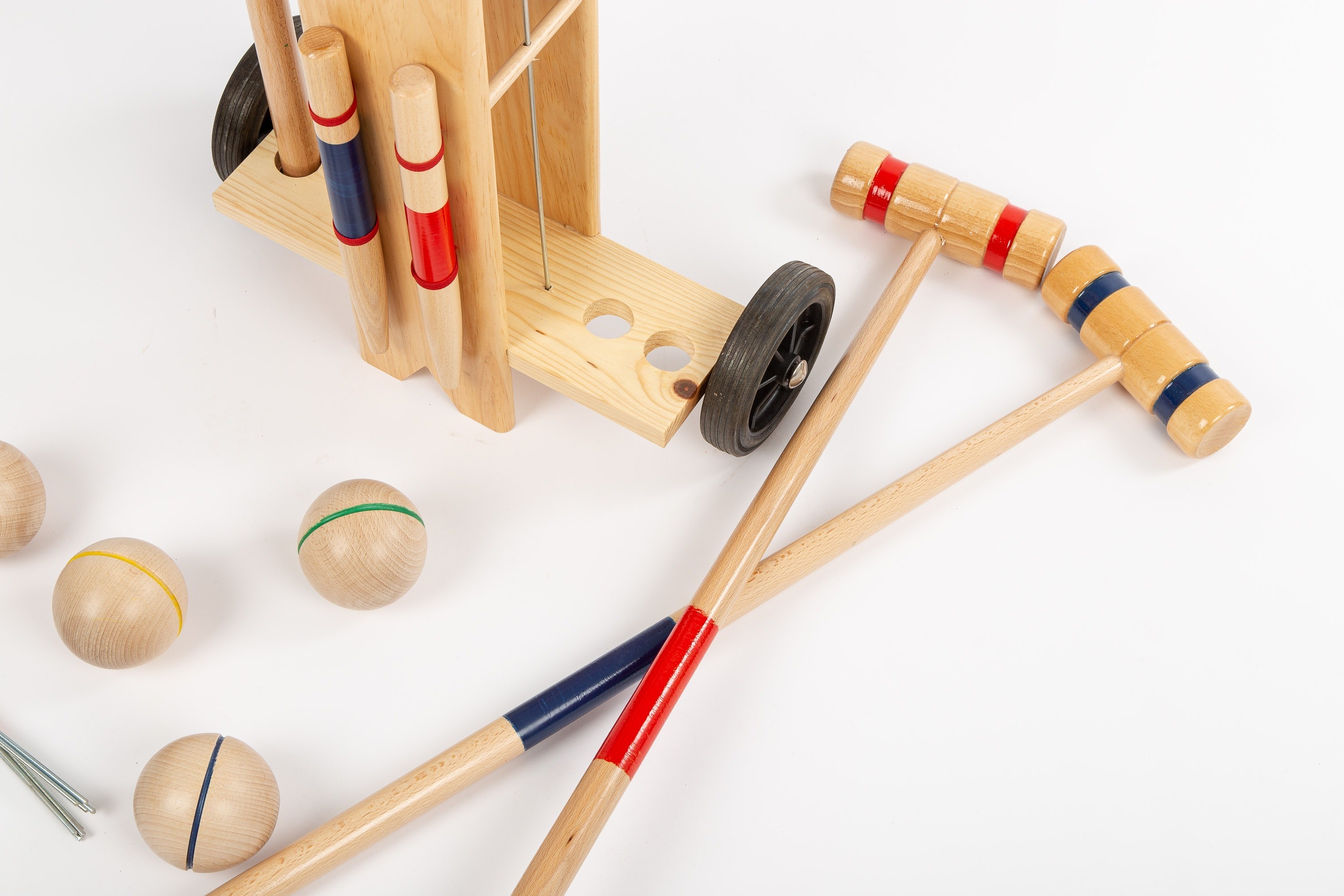 Croquet: Croquet game in the wooden trolley: 4 players, 4 clubs, 4 balls of different colors, 8 bridges, a hammer, and two punches. 3000x2000 HD Wallpaper.