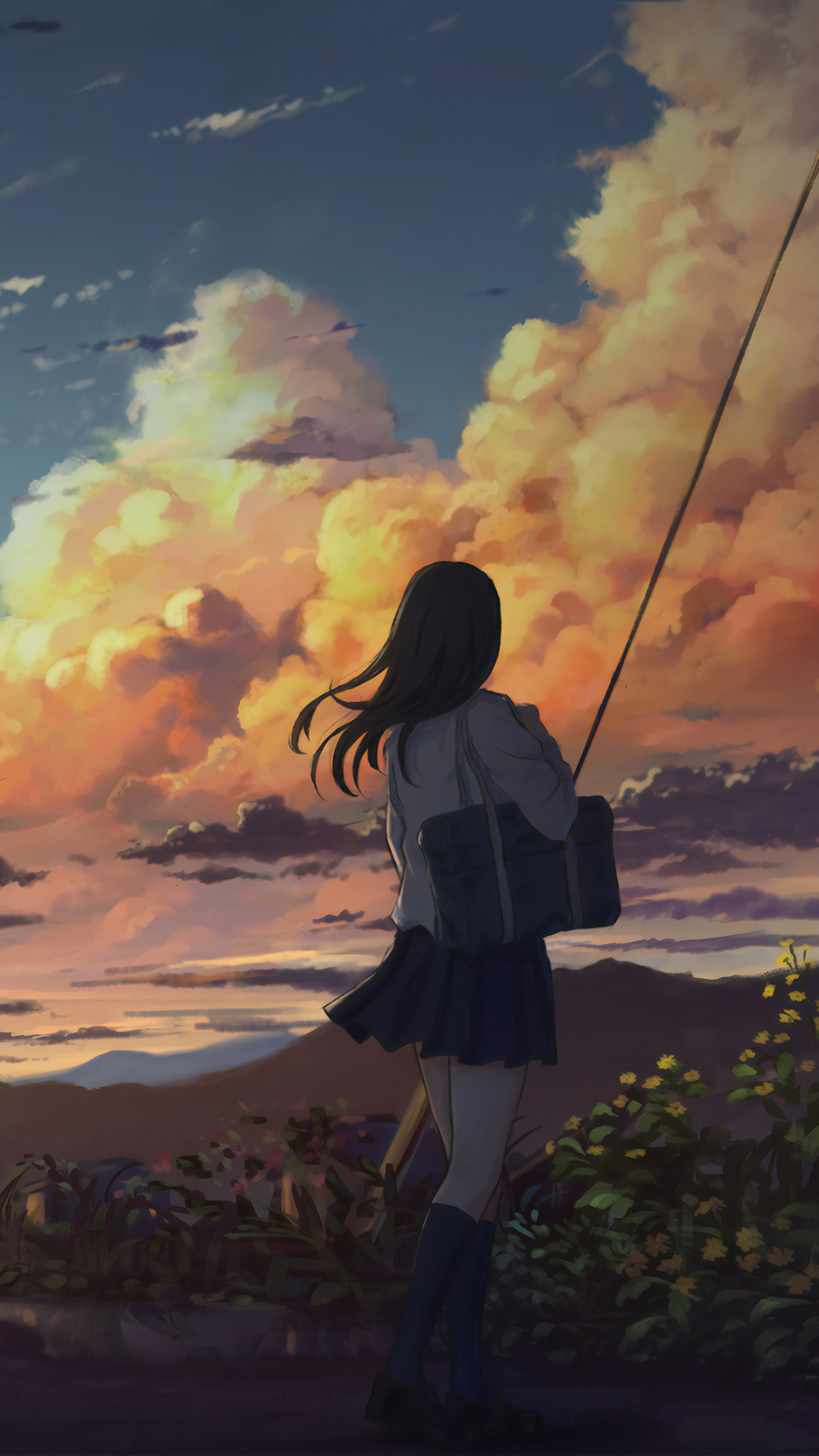 Anime Girl: Clouds, Landscape, Fantasy art. 2160x3840 4K Background.