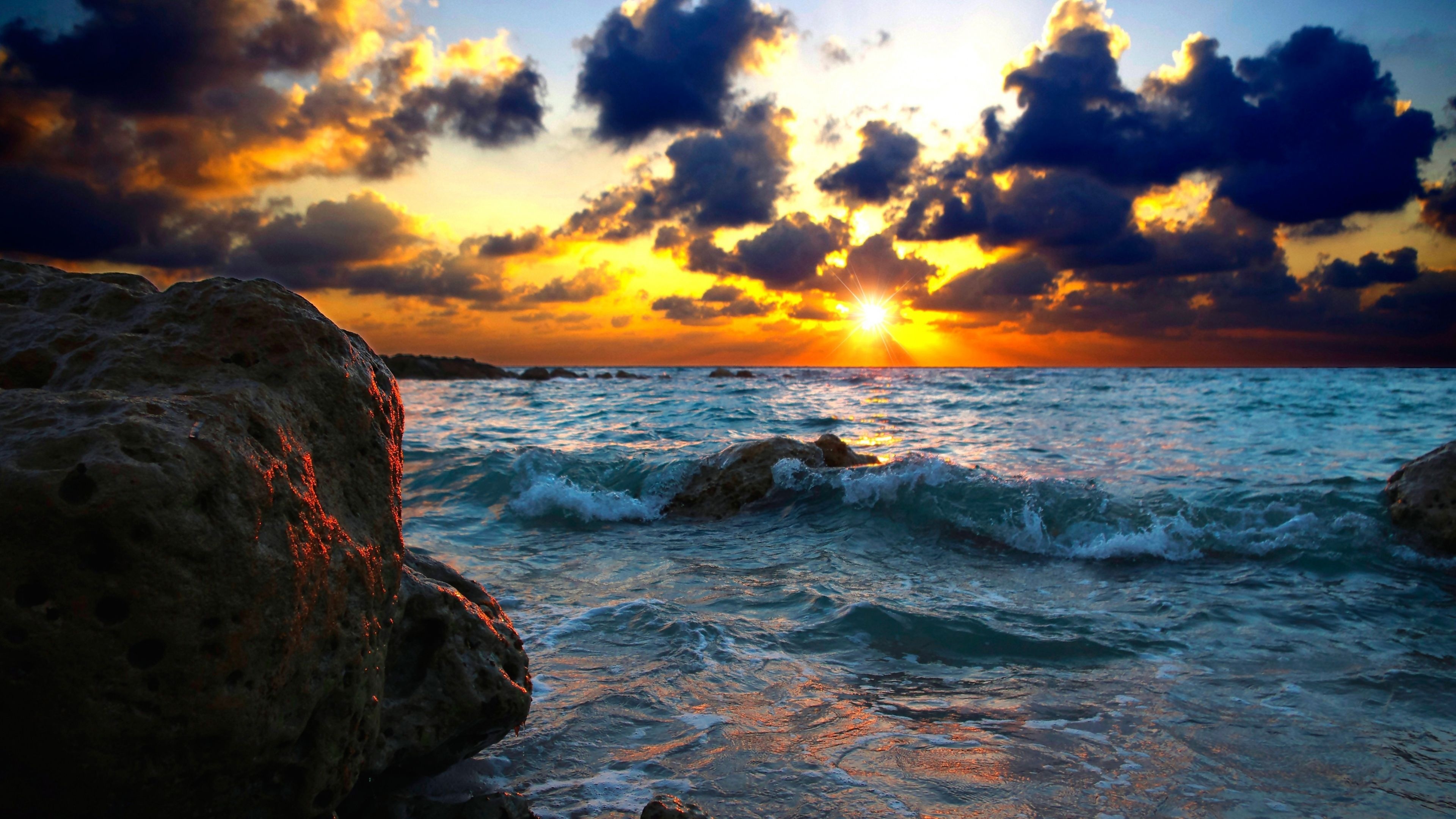 Sea surf sunset, Coastal scenery, Tranquil waves, Serene sunset, 3840x2160 4K Desktop