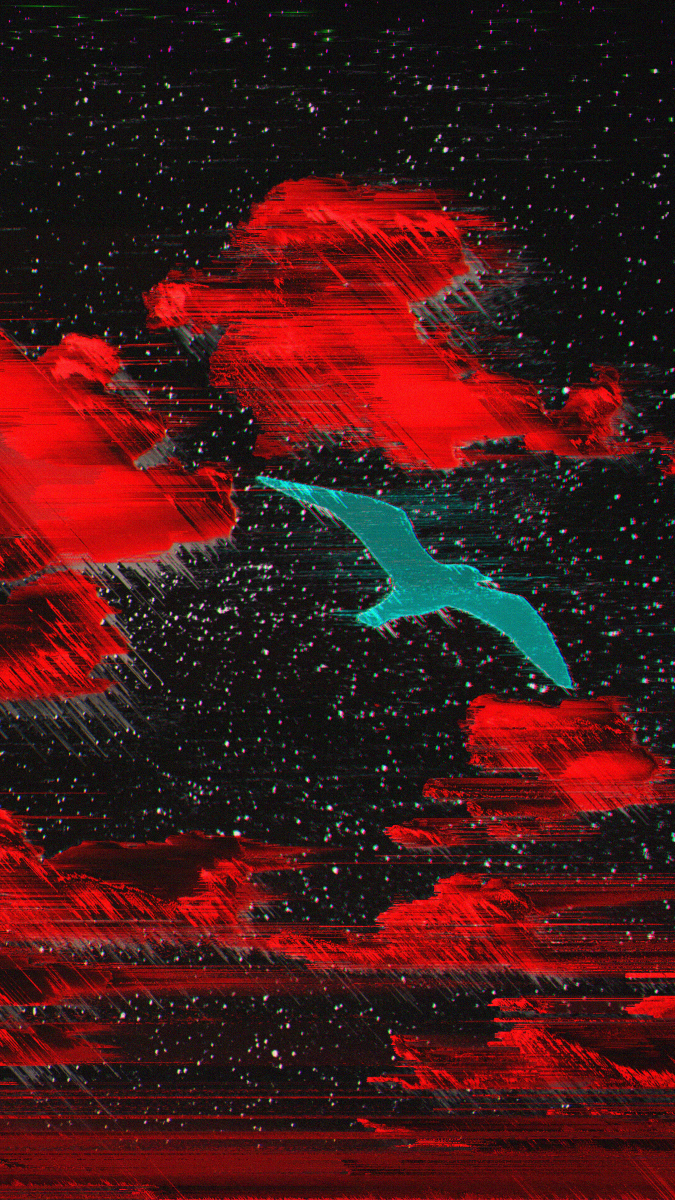 Glitch: Abstract art, Red clouds, Blue bird, Starry sky, Two-dimensional space. 2160x3840 4K Wallpaper.