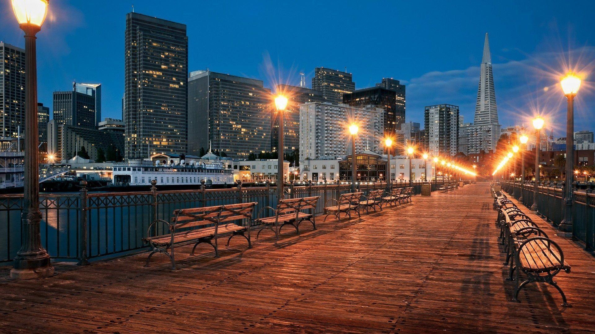 San Francisco: SF skyline, Pier 5, The Embarcadero roadway. 1920x1080 Full HD Wallpaper.