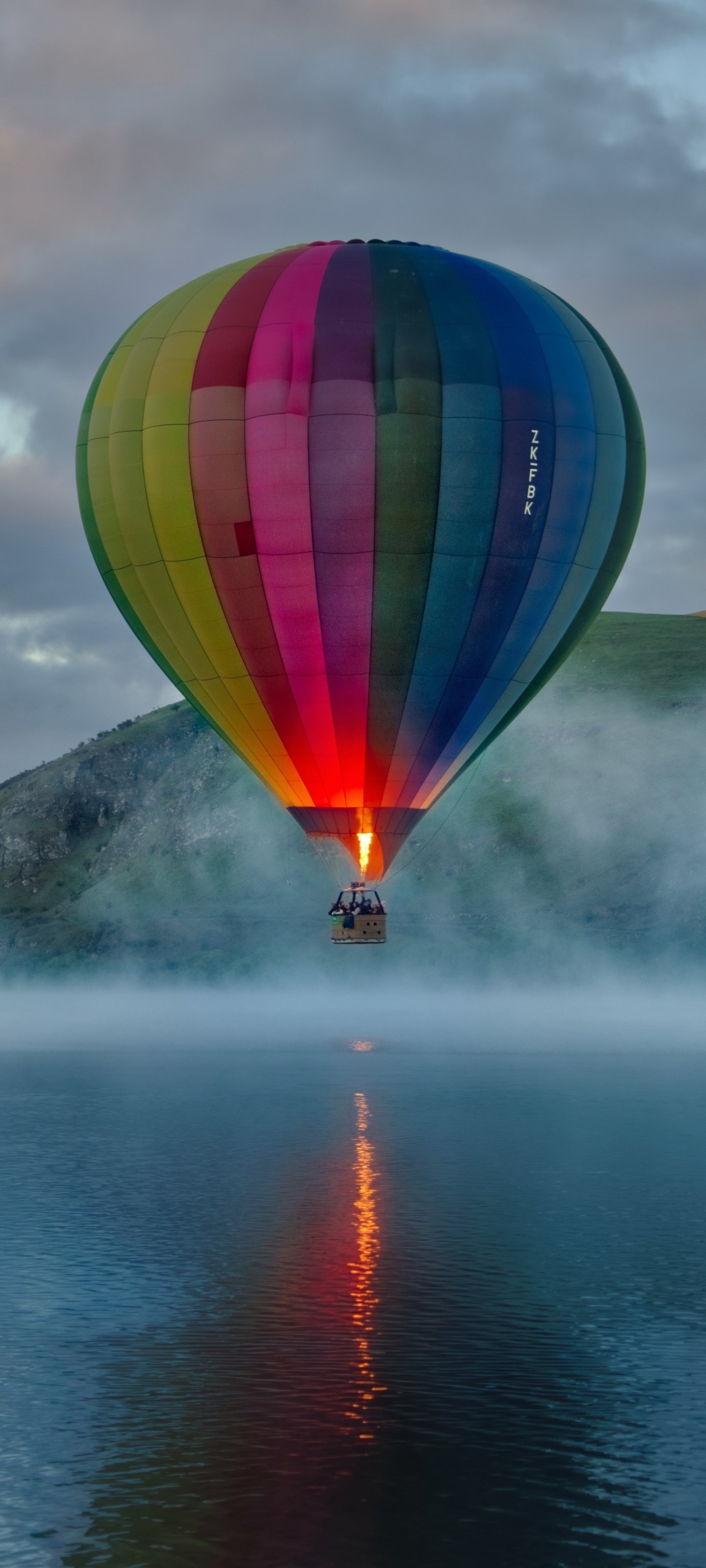 Hot Air Balloon: Night Balloon Flight, Foggy Weather for Air Regata, Air Transport. 1440x3200 HD Background.