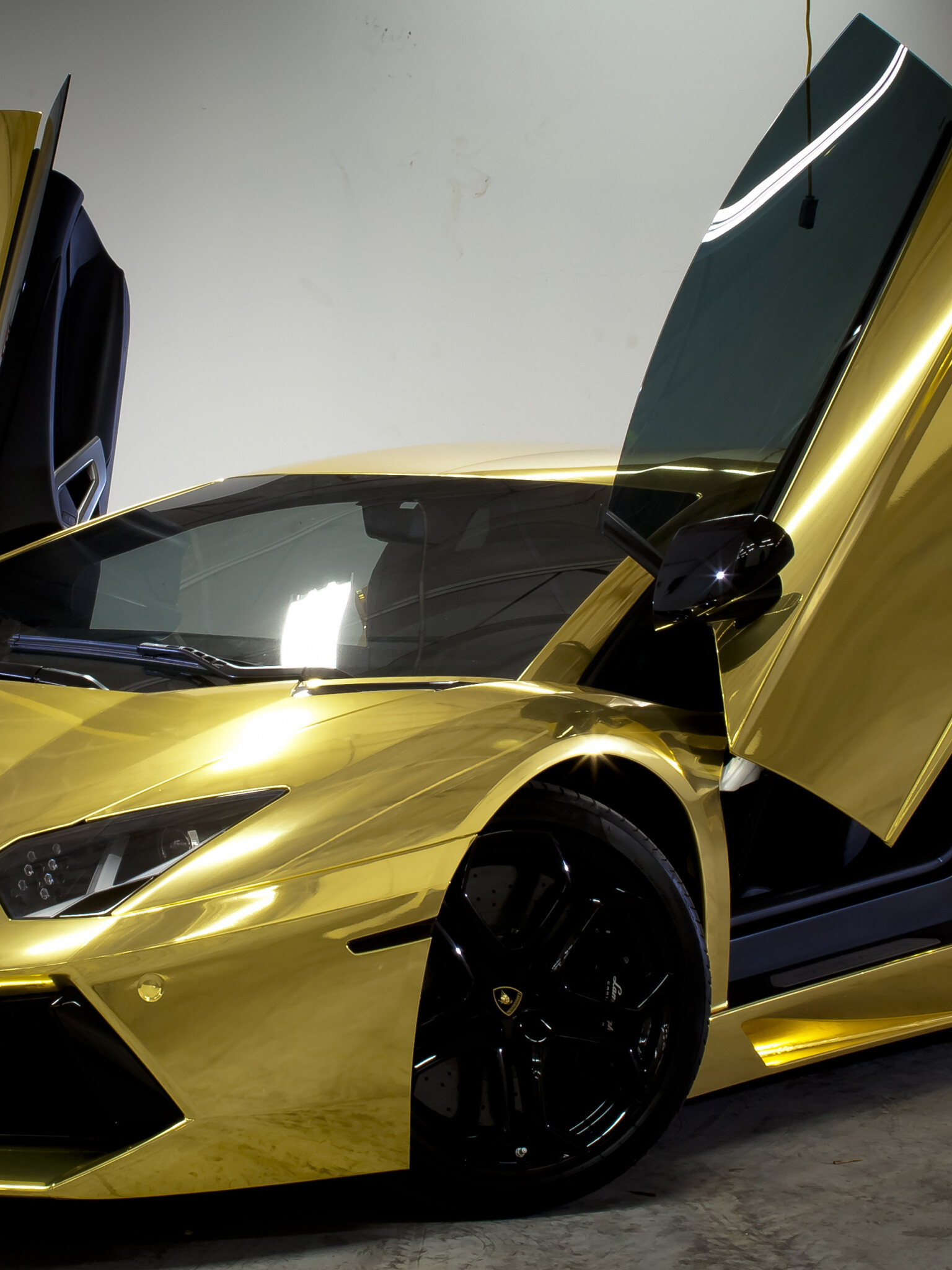 Gold Lamborghini: Aventador LP 700, Scissor doors, Automobile doors that rotate vertically at a fixed hinge at the front of the door. 1540x2050 HD Wallpaper.