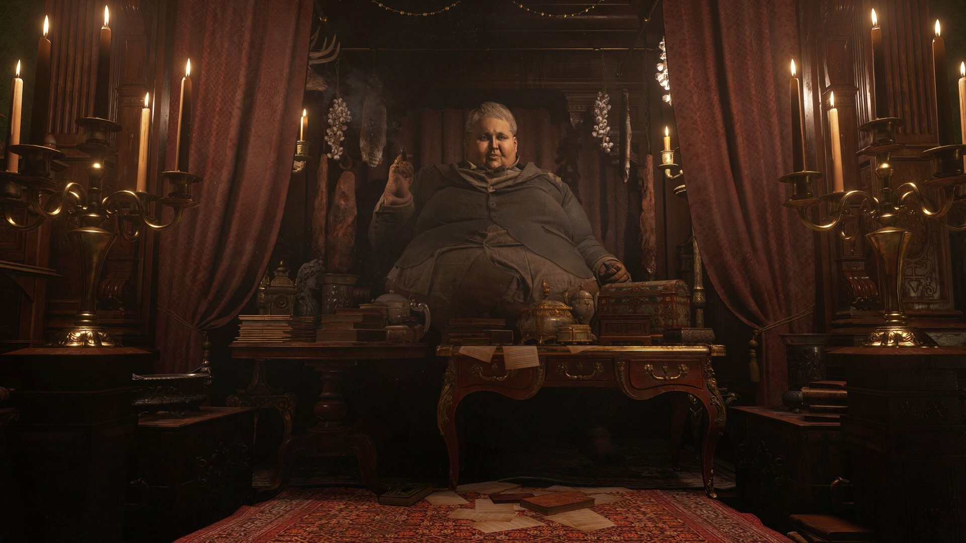 Resident Evil Village: The Duke, A mysterious, morbidly obese character who serves as a merchant and aids Ethan Winters. 1920x1080 Full HD Wallpaper.