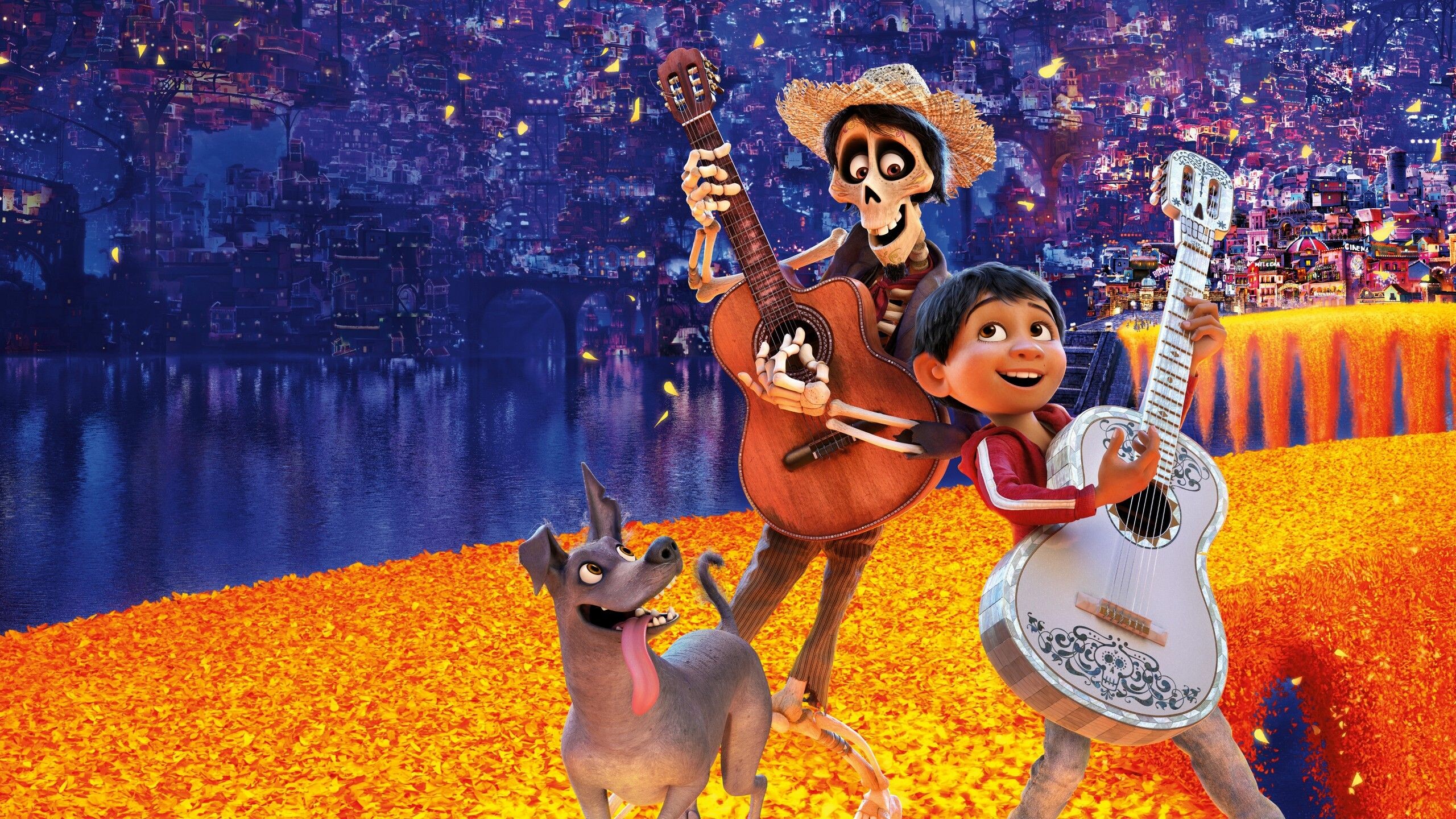 Coco (Cartoon): The film tells the story of a 12-year-old Mexican boy named Miguel Rivera who, living in a family of music-hating shoemakers, ends up creating one of the most extraordinary family reunions. 2560x1440 HD Background.