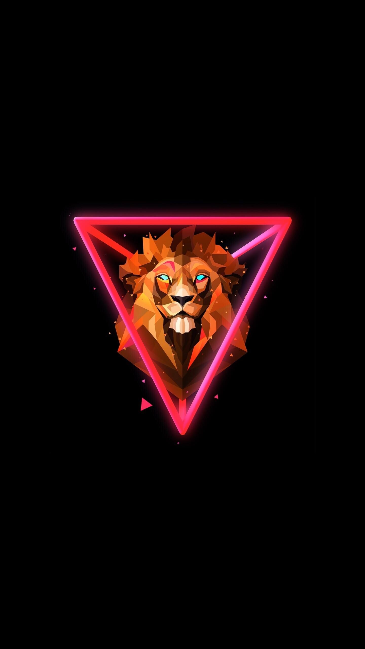 Triangle: Abstract geometric animal art, Lion, Neon pyramid. 1440x2560 HD Background.