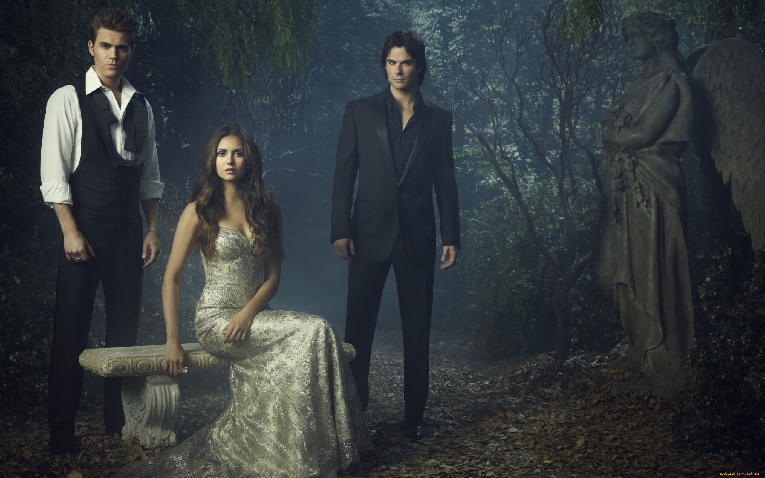 The Vampire Diaries (TV Series): Main Characters Trio, Filming Location In The Graveyard. 2560x1600 HD Wallpaper.