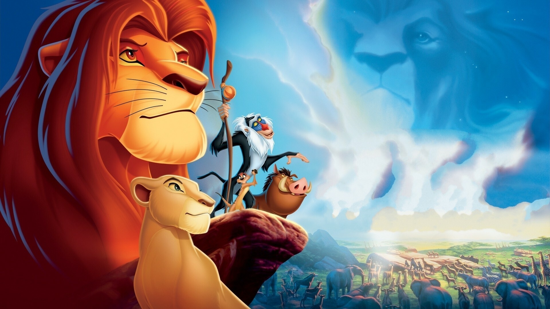 The Lion King: Simba, Timon, Pumba, Rafiki the mandrill, the kingdom's shaman and advisor. 1920x1080 Full HD Background.
