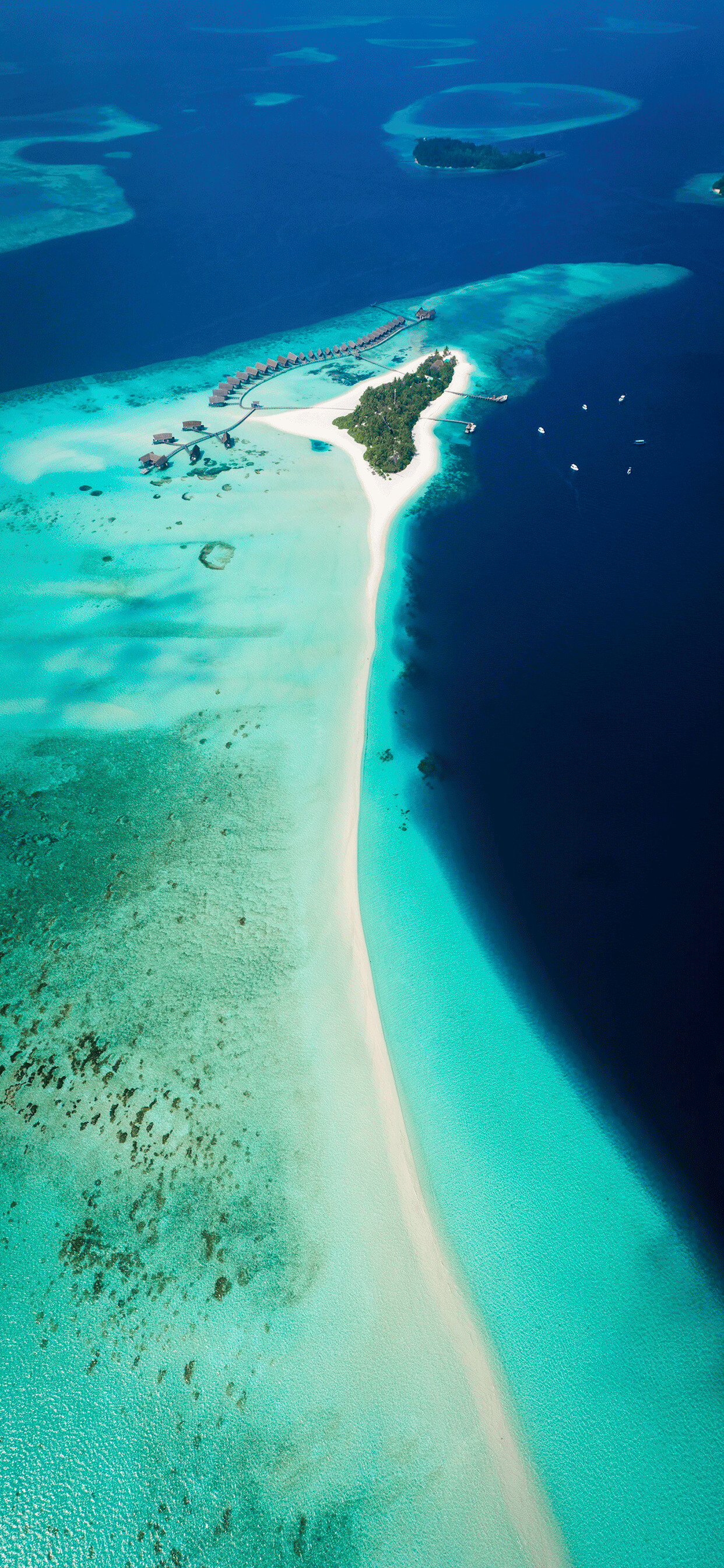 Maldives: A string of 1200 coral islands stretching down into the Indian Ocean, South of India. 1250x2690 HD Wallpaper.