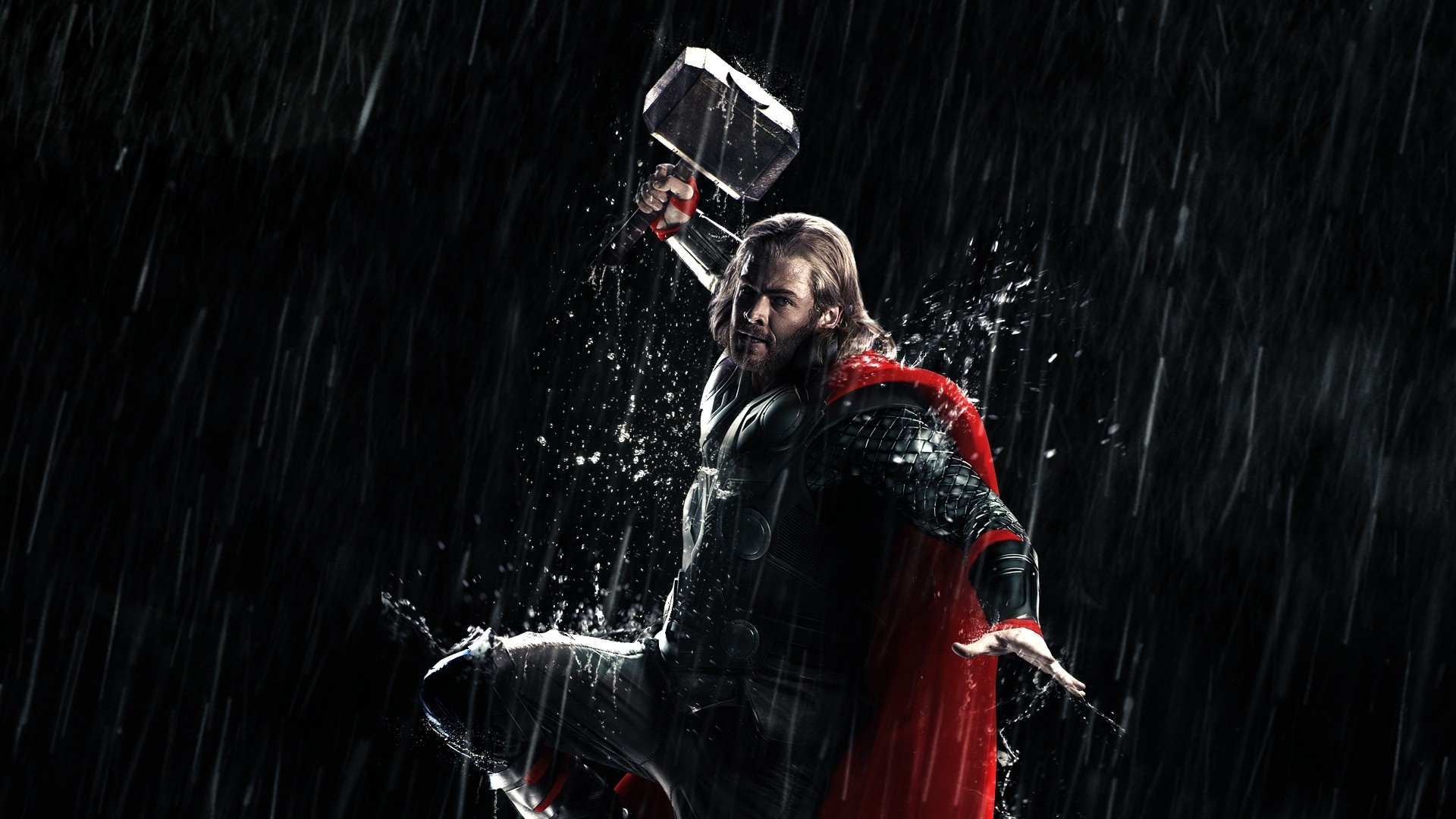 Chris Hemsworth, Thor's hammer, Marvel, Rainy scene, 1920x1080 Full HD Desktop