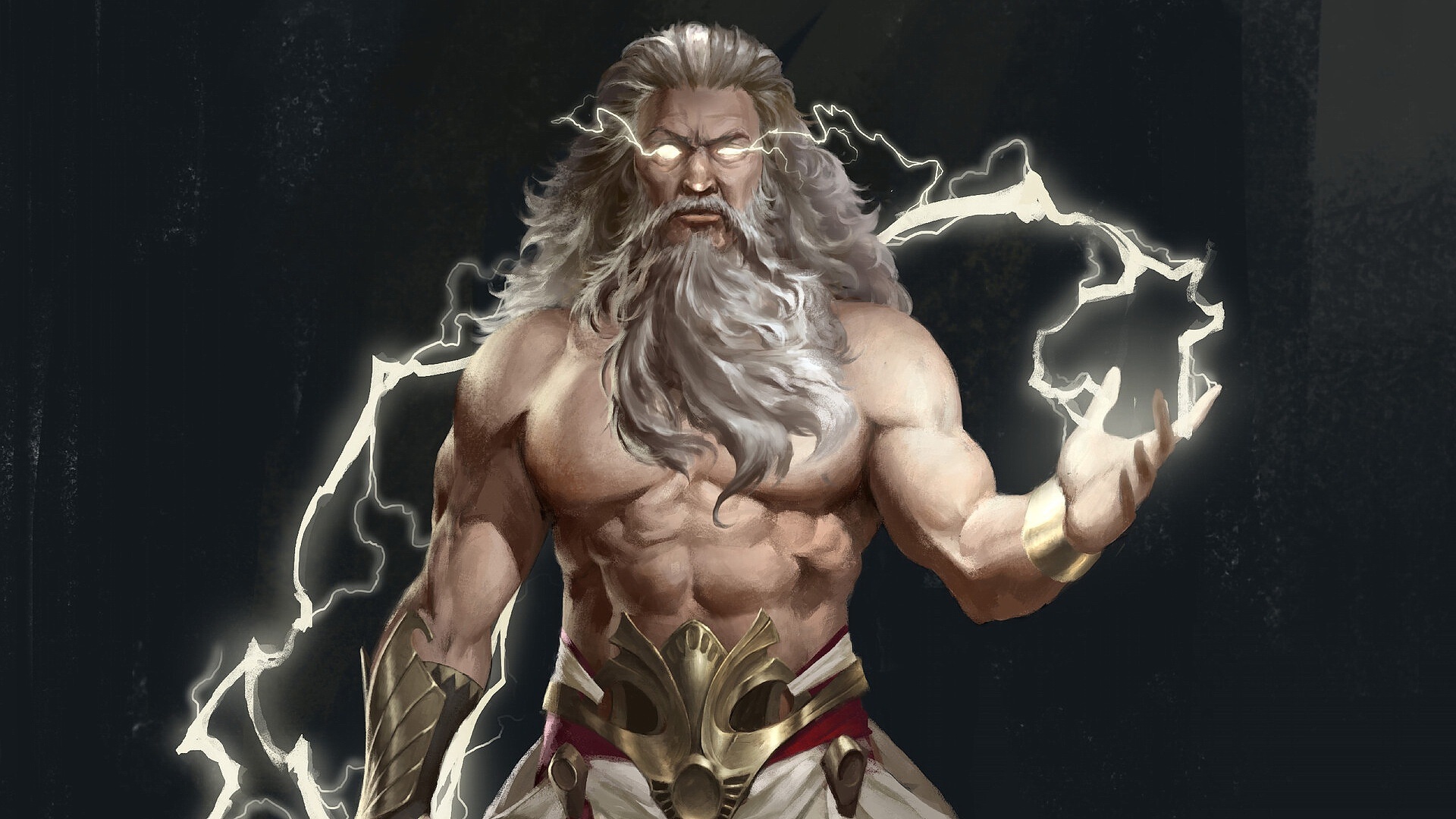 Zeus: The powerful God of Thunder in Ancient Greek mythology. 1920x1080 Full HD Background.