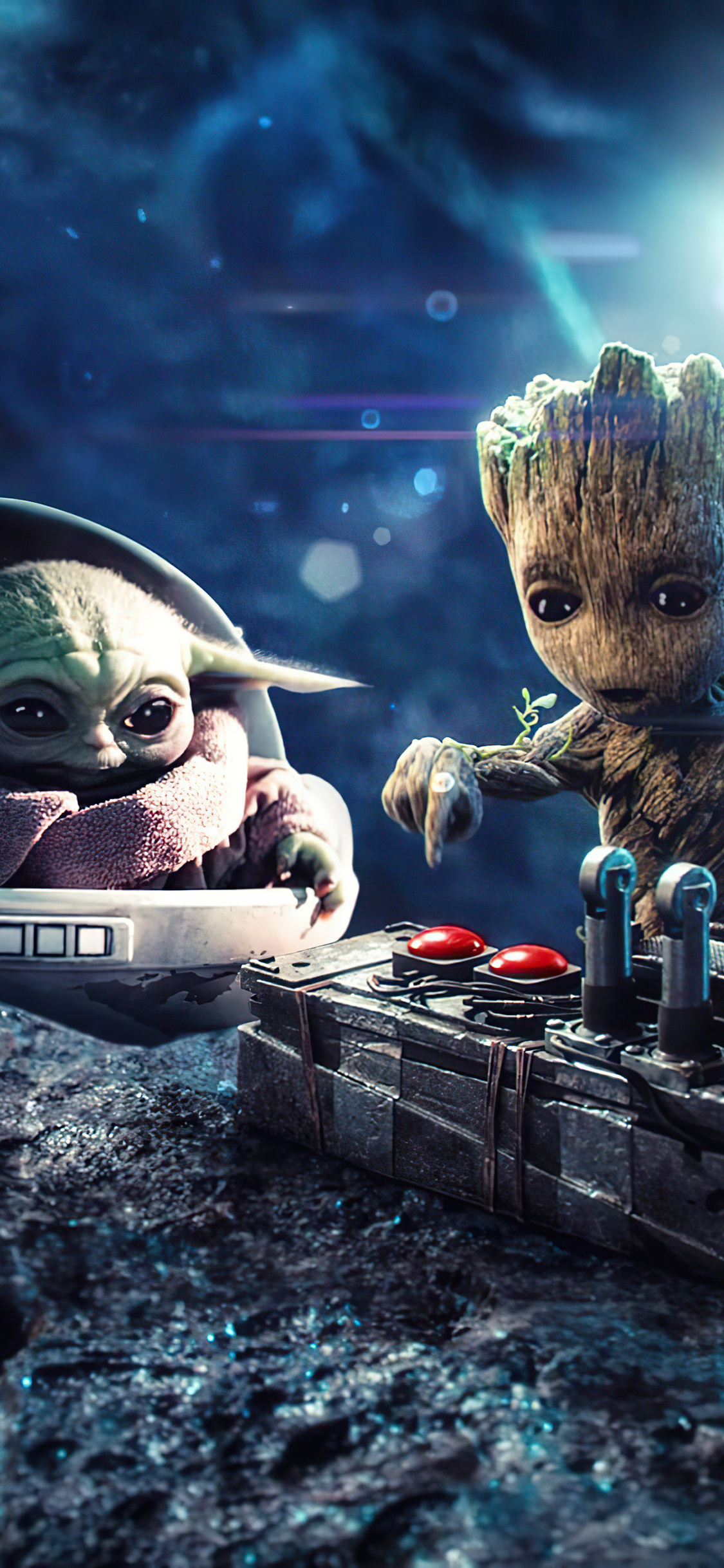 Baby Groot and Baby Yoda, iPhone XS device, HD 4K wallpapers, Film characters, 1130x2440 HD Phone
