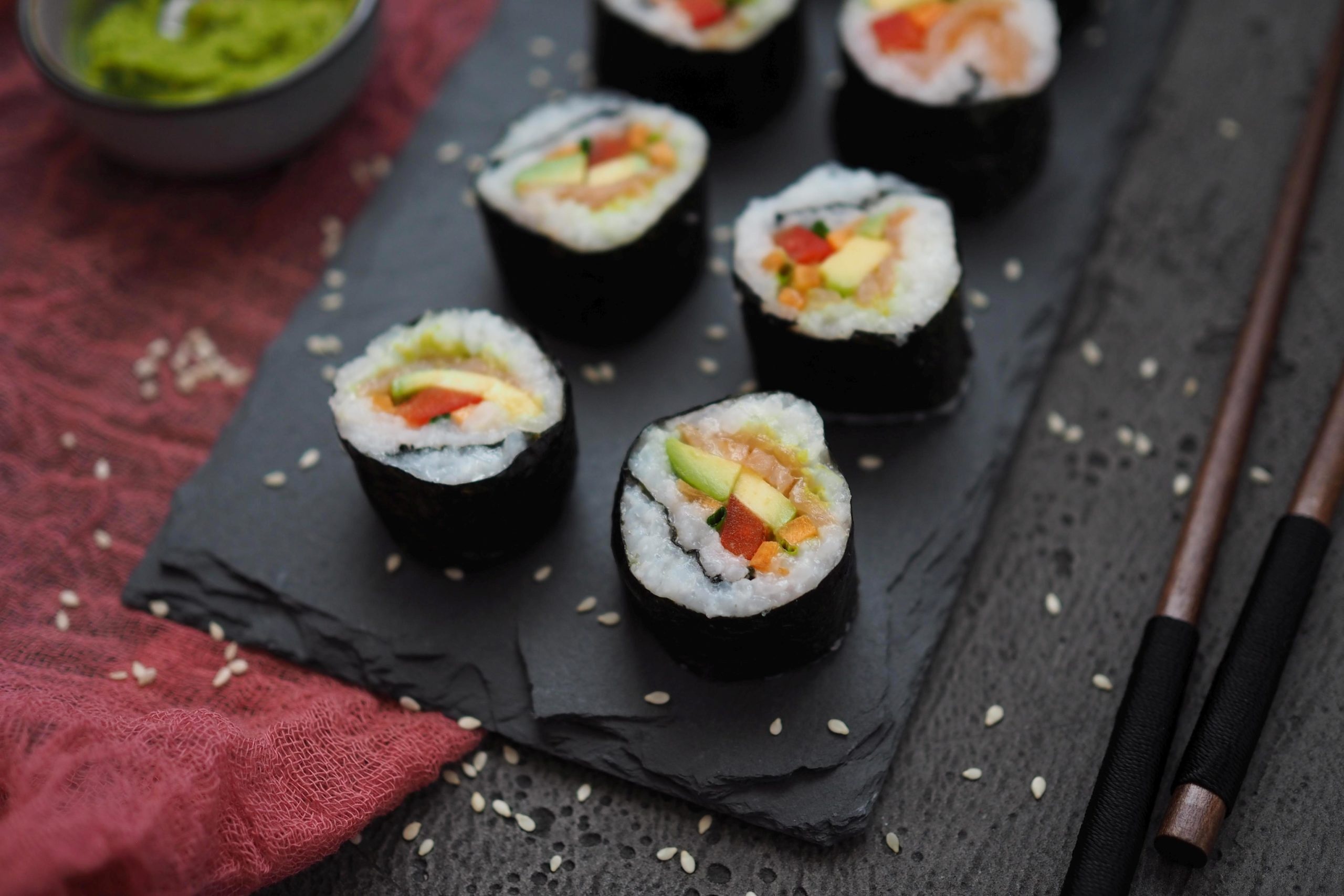 Sushi: Maki, Rice and other ingredients are rolled inside a sleeve of nori seaweed. 2560x1710 HD Wallpaper.