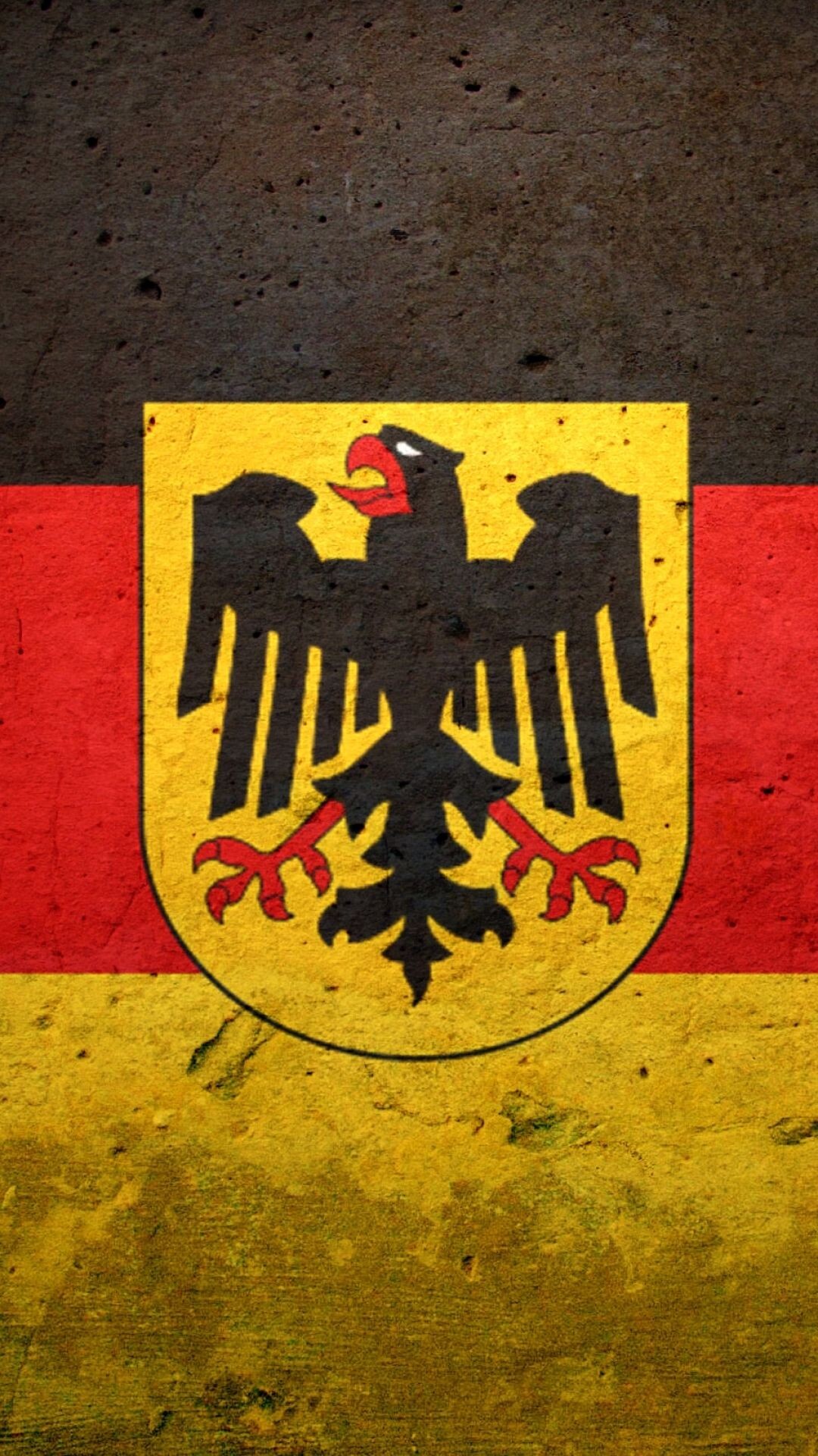 Flag of Germany: The national tricolor with the official coat of arms of the federal parliamentary republic. 1080x1920 Full HD Background.