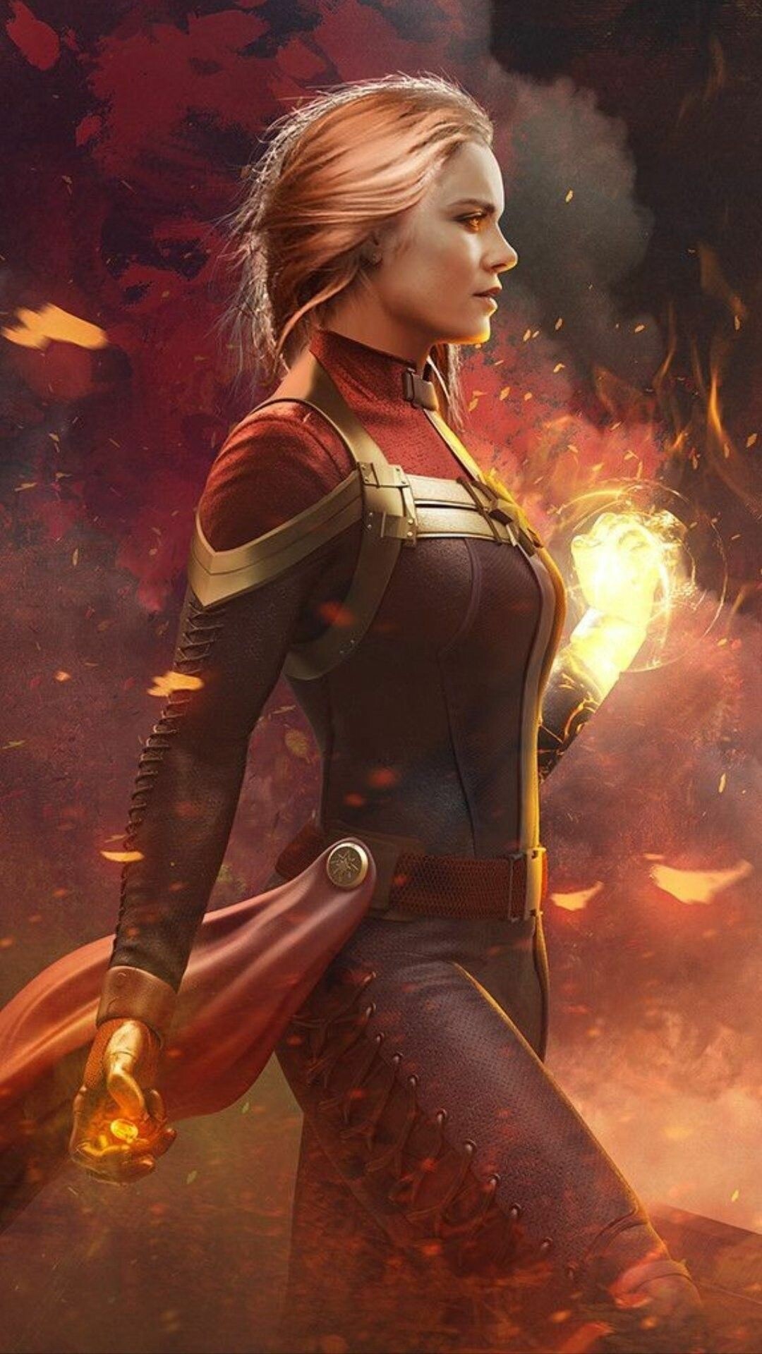 Captain Marvel: Can discharge explosive blasts of radiant energy, which she fires from her fingertips. 1080x1920 Full HD Background.