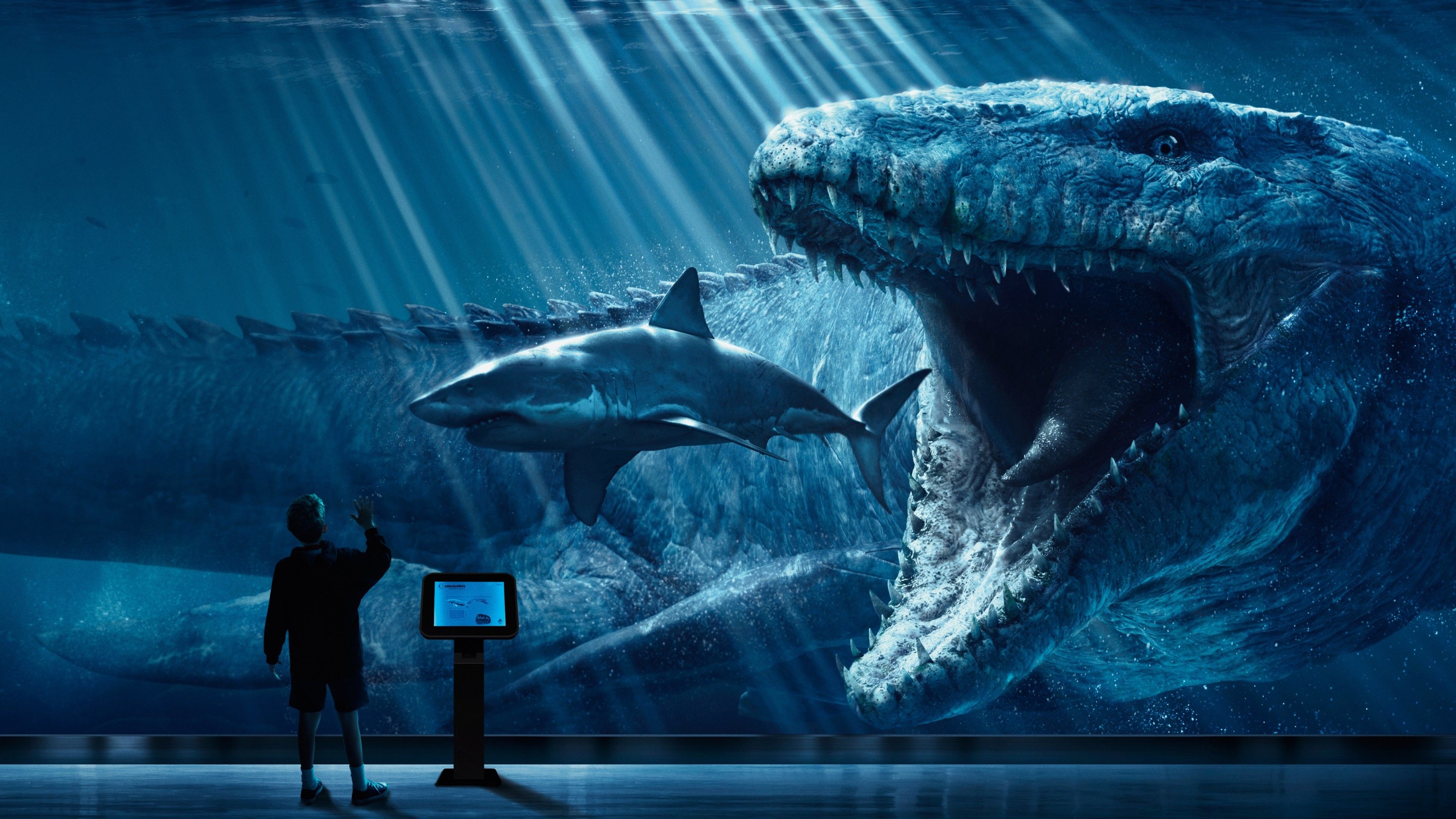 Great White Shark: Mosasaurus, Jurassic World, A 2015 American science fiction action film. 3840x2160 4K Background.