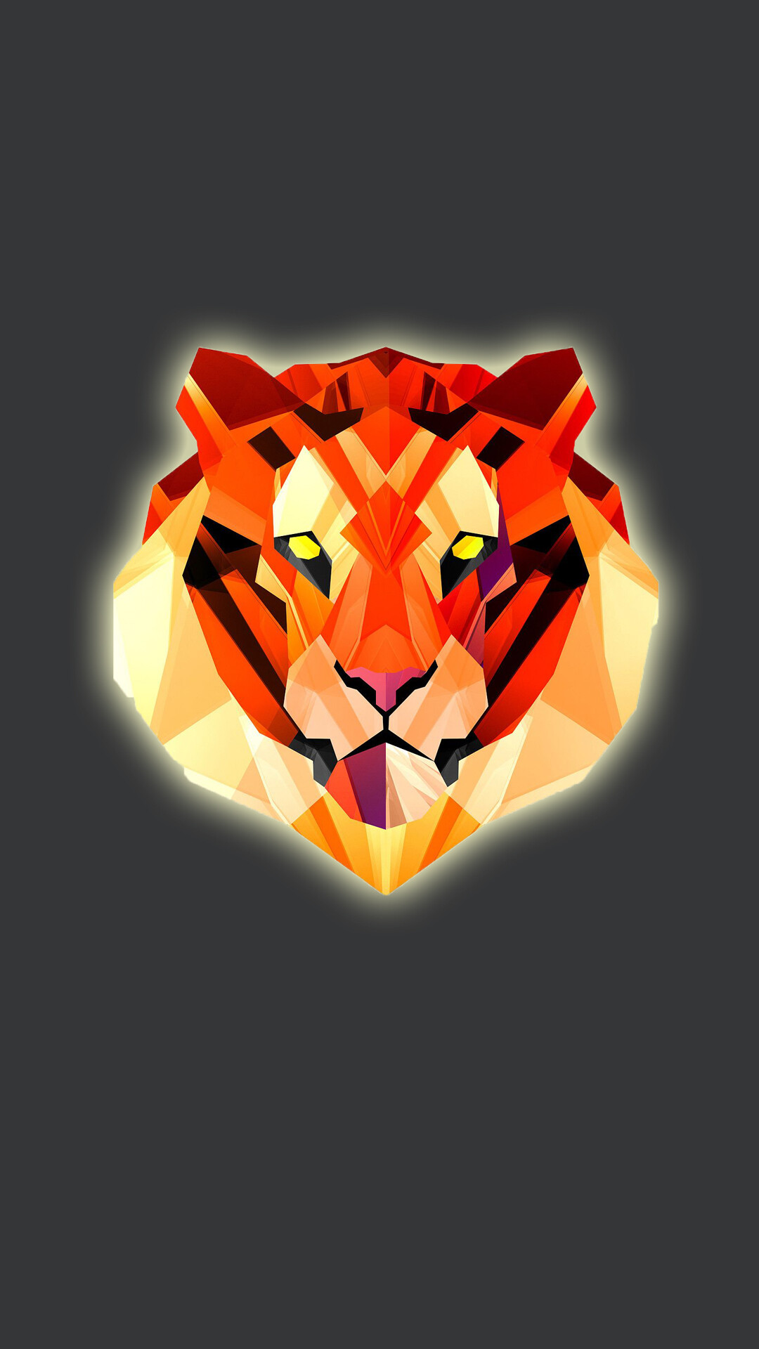 Geometric Animal: Tiger face created with lines, triangles, and rectangles in primary colors. 1080x1920 Full HD Background.