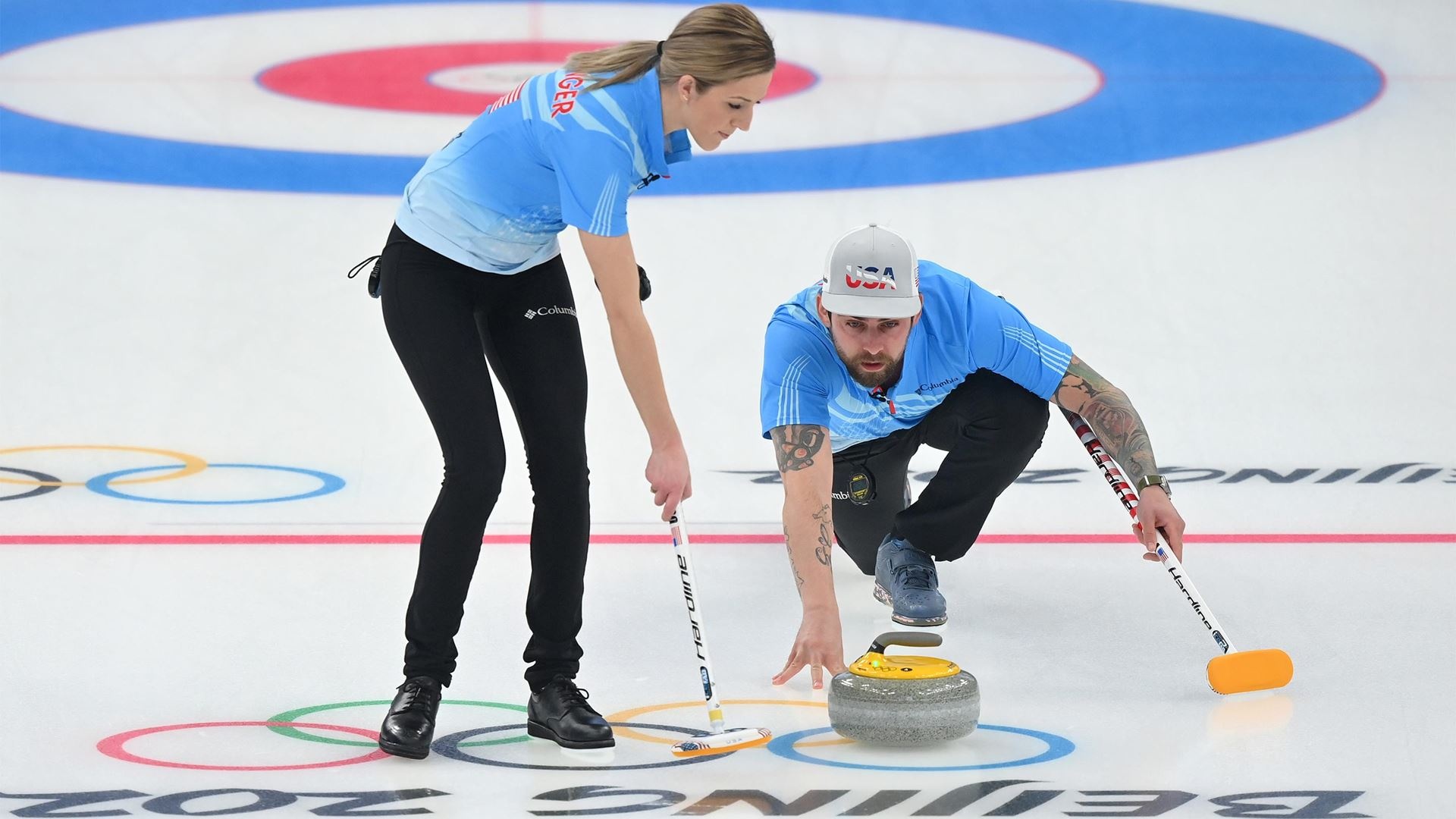 Curling: Vicky Persinger, Chris Plys, An American team, The 2022 Winter Olympics – Mixed doubles tournament. 1920x1080 Full HD Background.