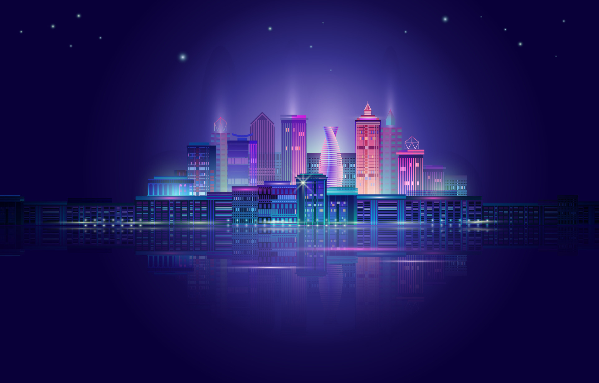 Neon skyline, Night city panorama, Neon glow, 1920x1230 HD Desktop